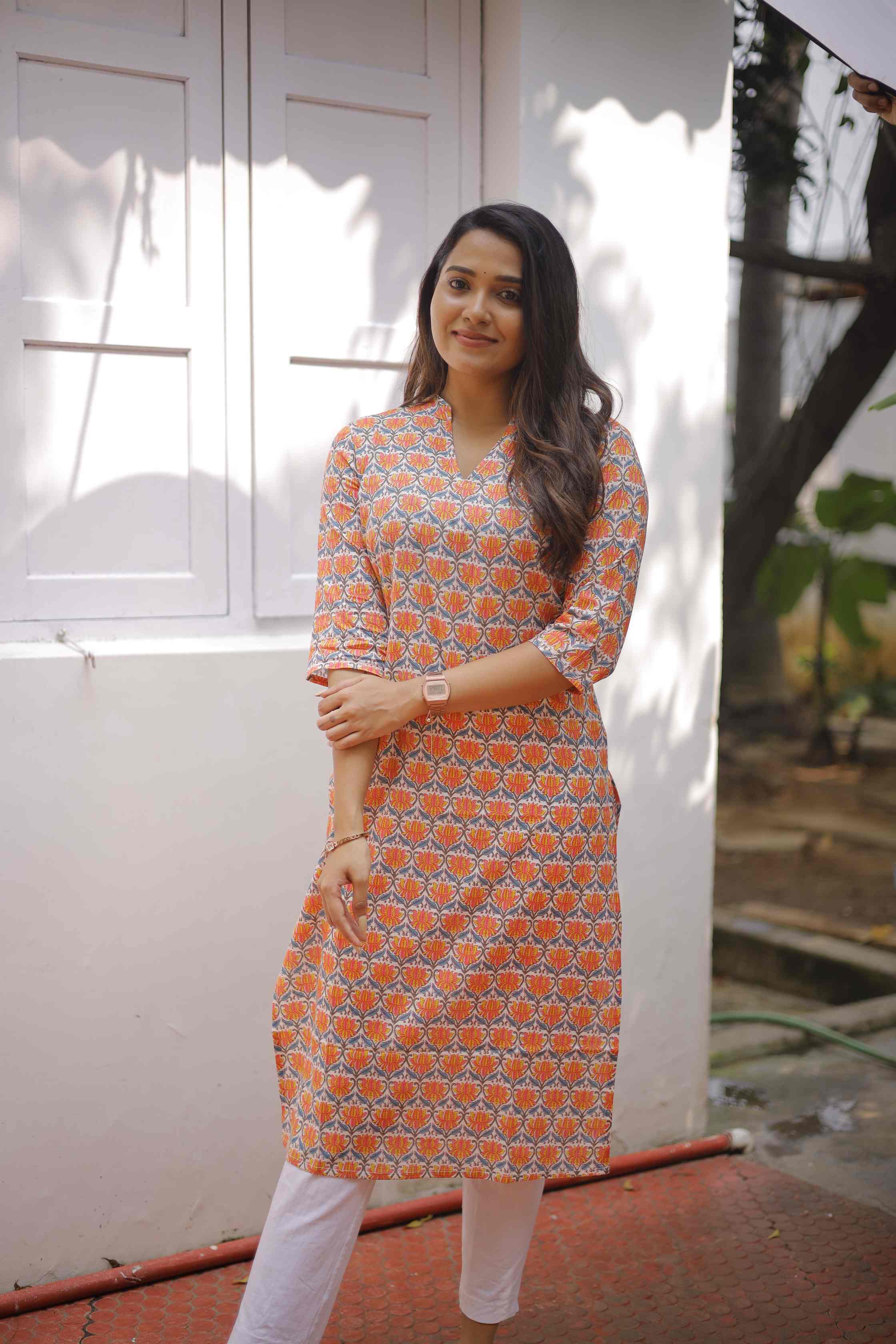 Kurti 128 - lotus handblock printed cotton kurti in orange