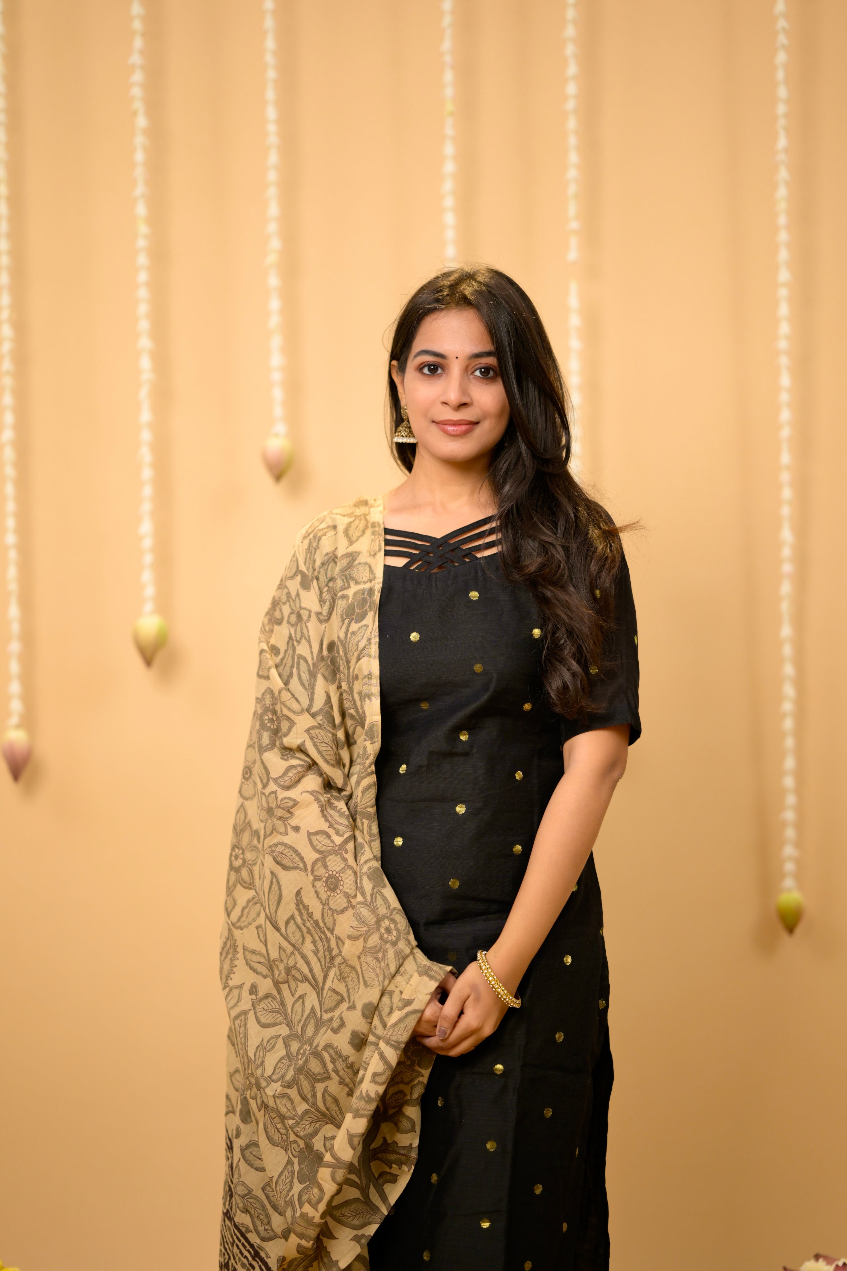 Kothai (black) - handloom silk by cotton suit set with hand painted kalamkari dupatta in black
