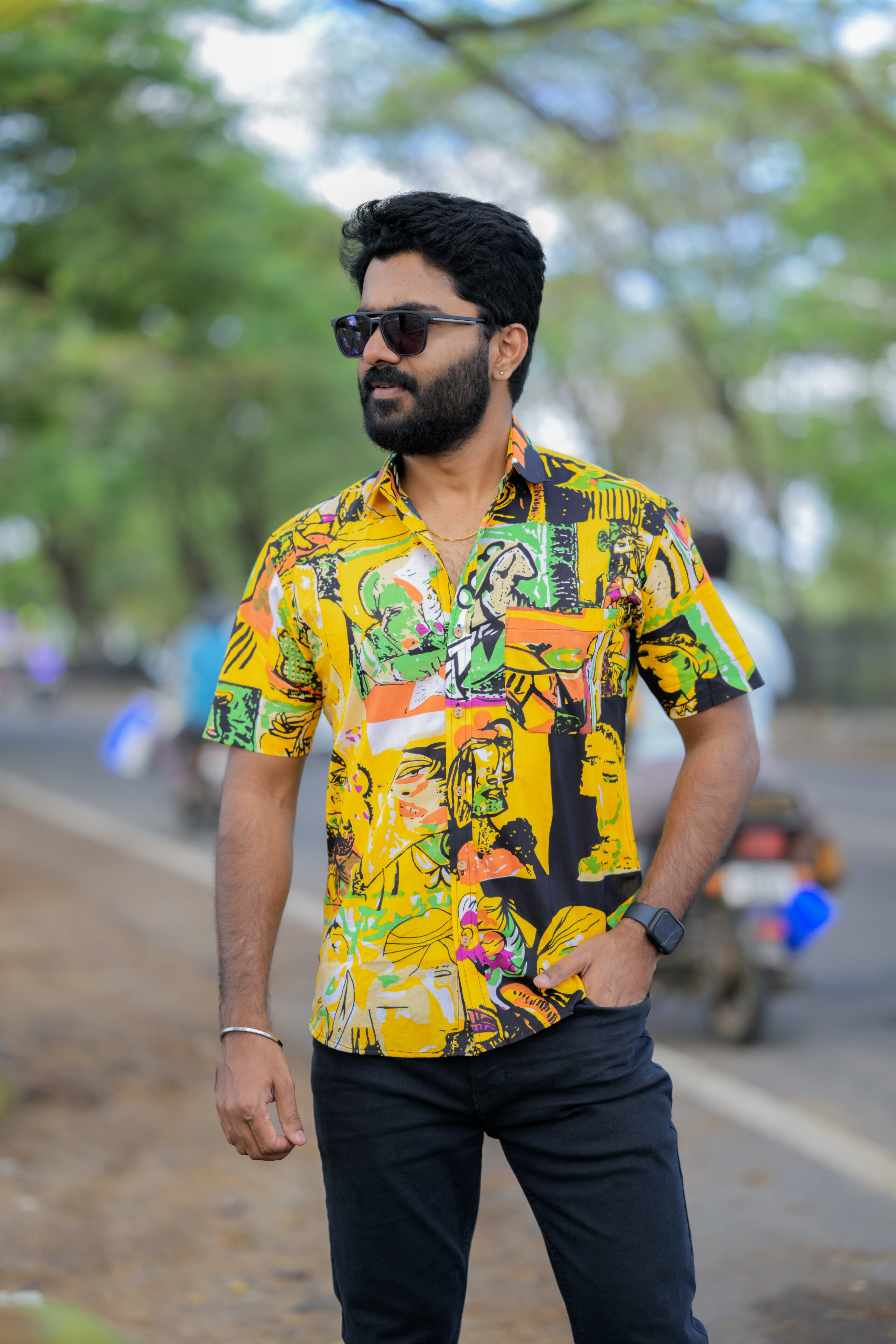 Shirt - 23 - abstract handblock printed organic cotton shirt in yellow