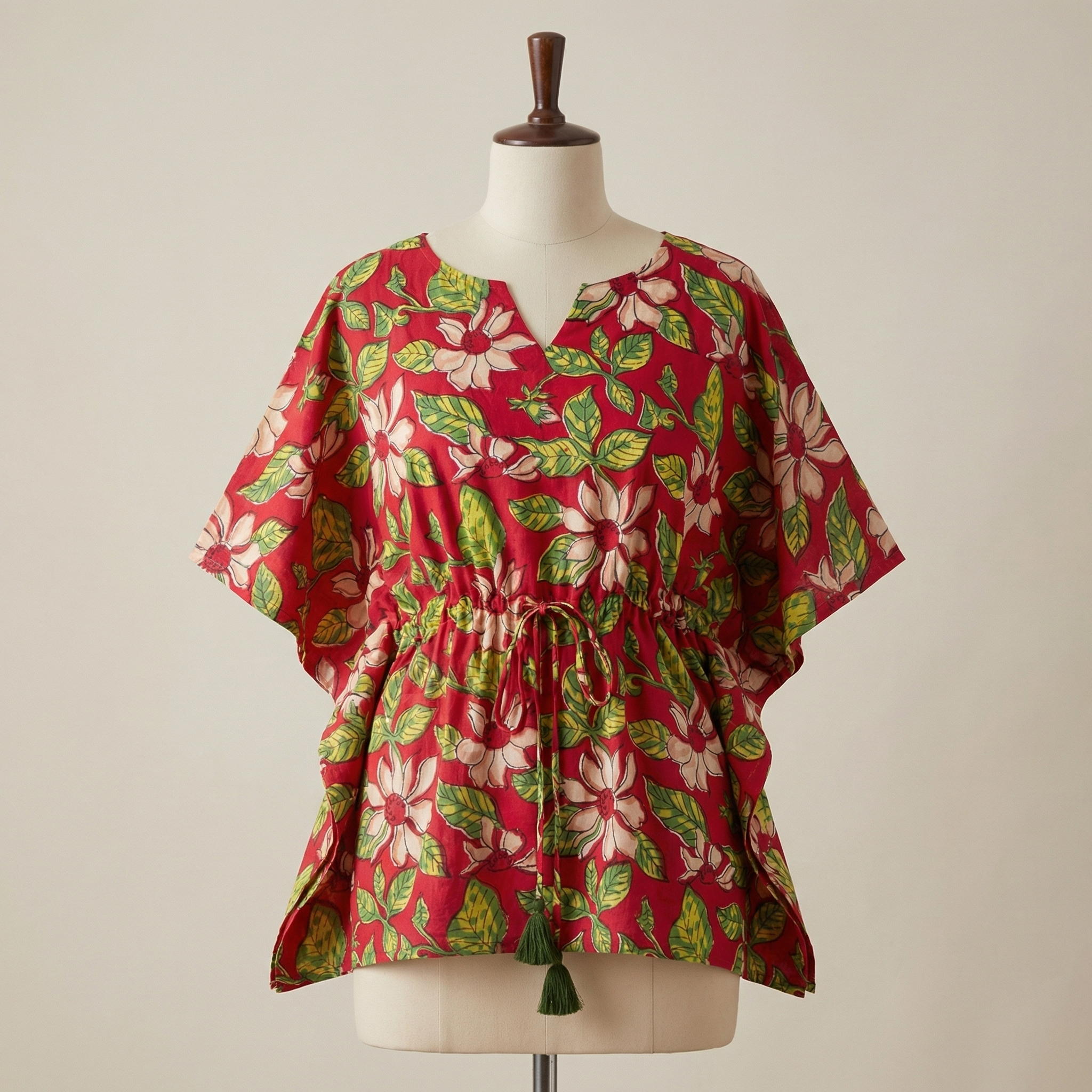 Kaftan Top #26- Floral printed organic cotton kaftan top in red
