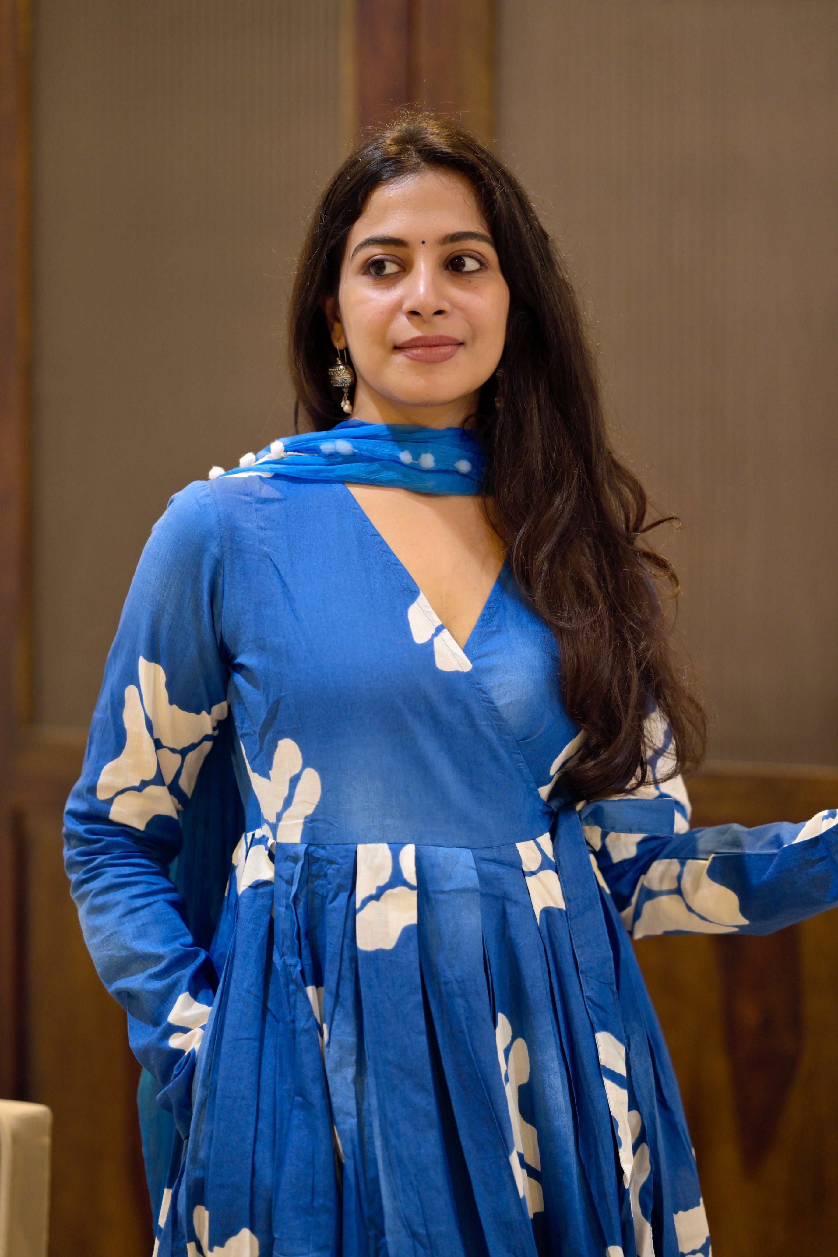 Atulya - floral silhouette hand dyed organic cotton wrap style anarkali suit set in blue