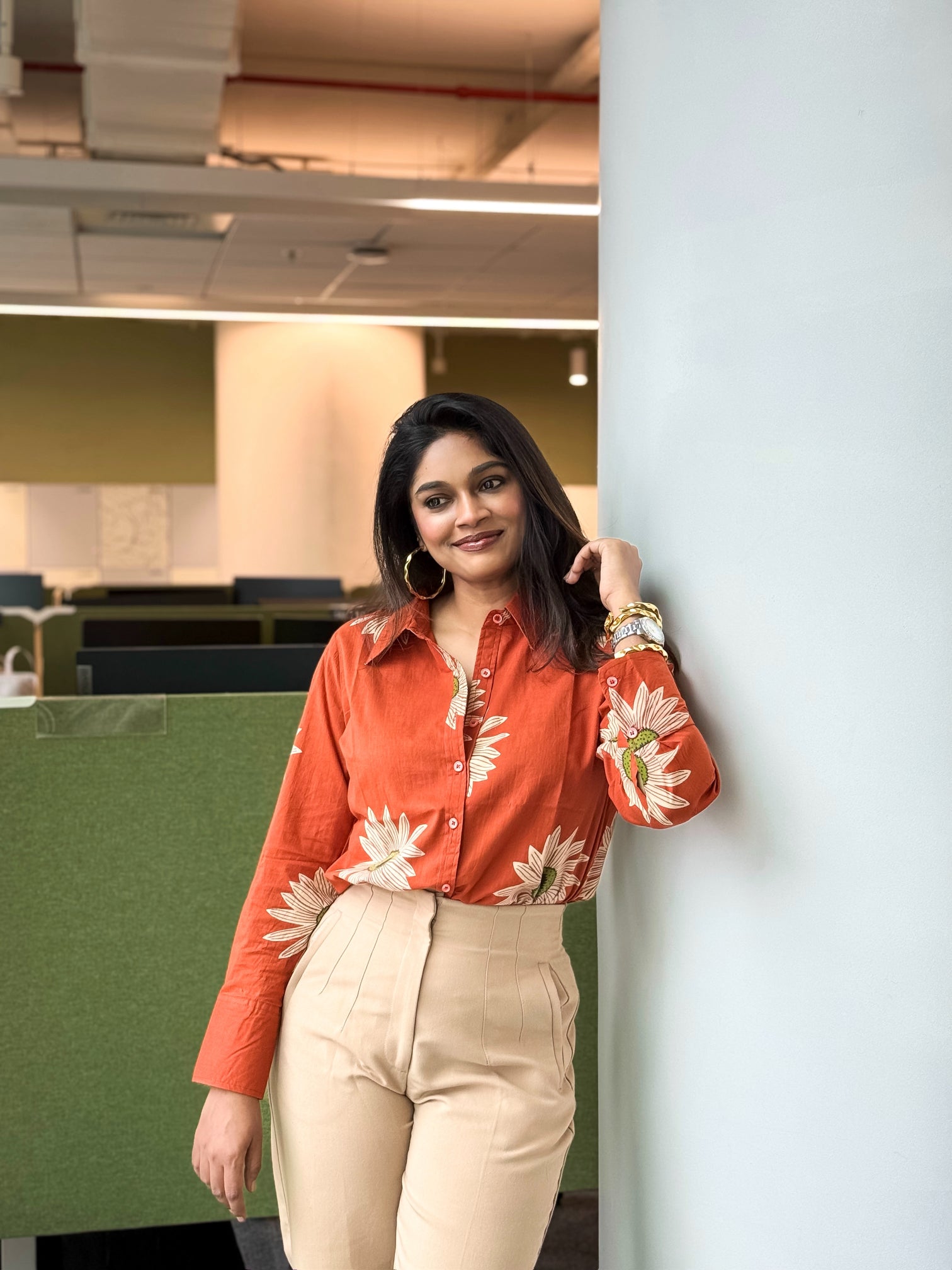 Women's shirt 9 -sunflower printed organic cotton shirt in orange and white