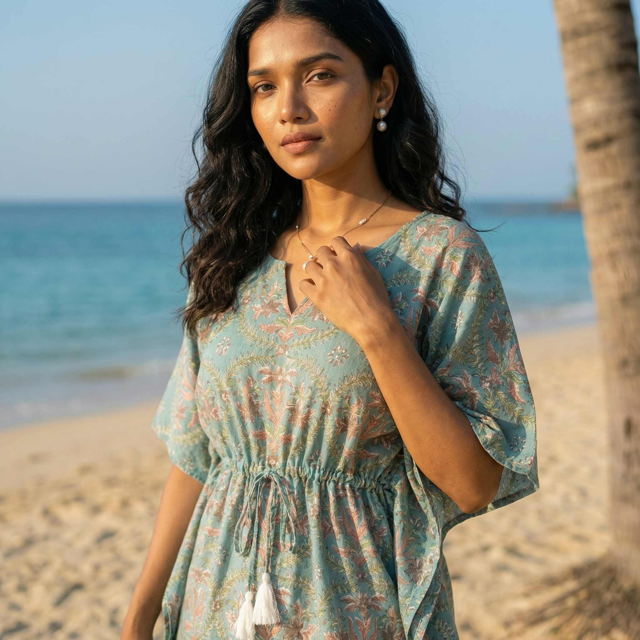 Kaftan Top #17- Floral printed organic cotton kaftan top in aqua blue