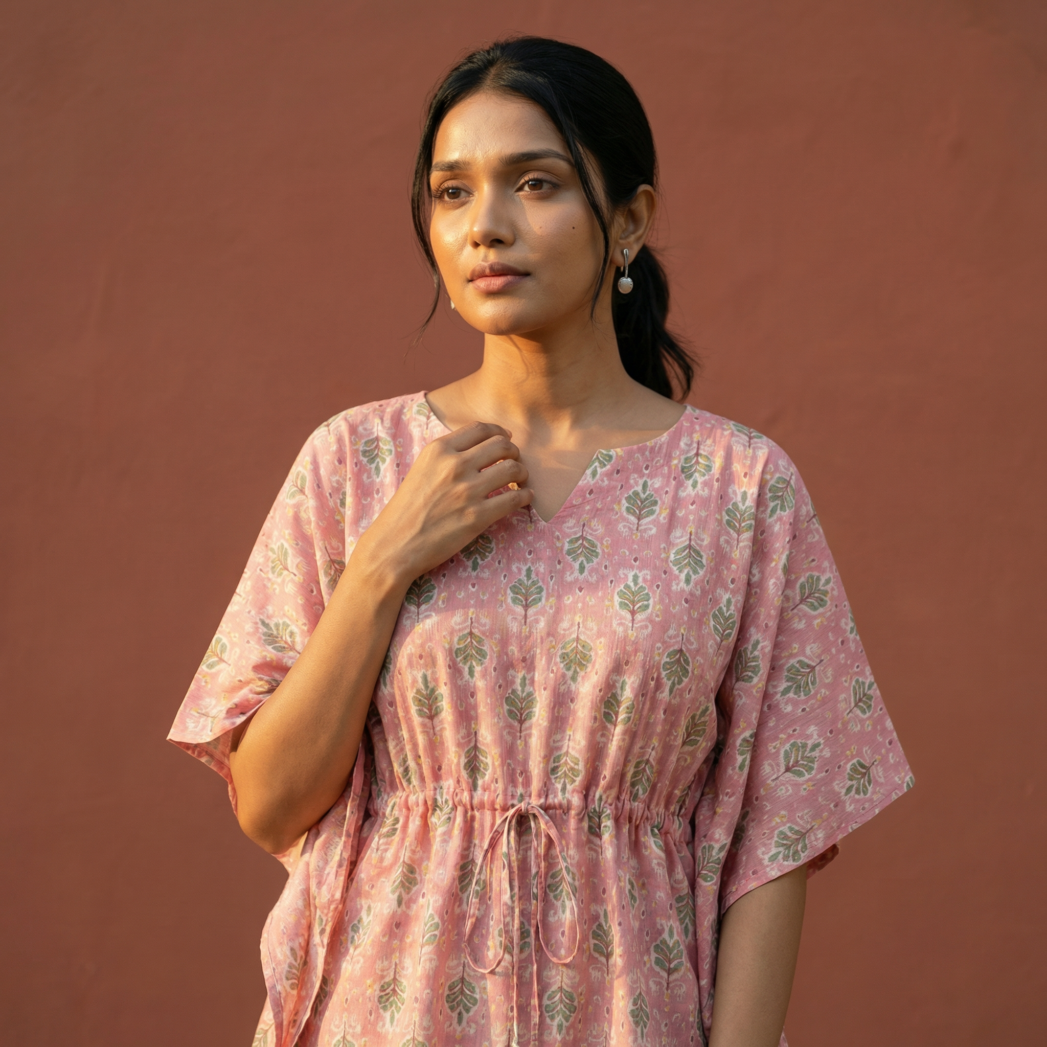 Kaftan Top #36- Leaf printed organic cotton kaftan top in baby pink