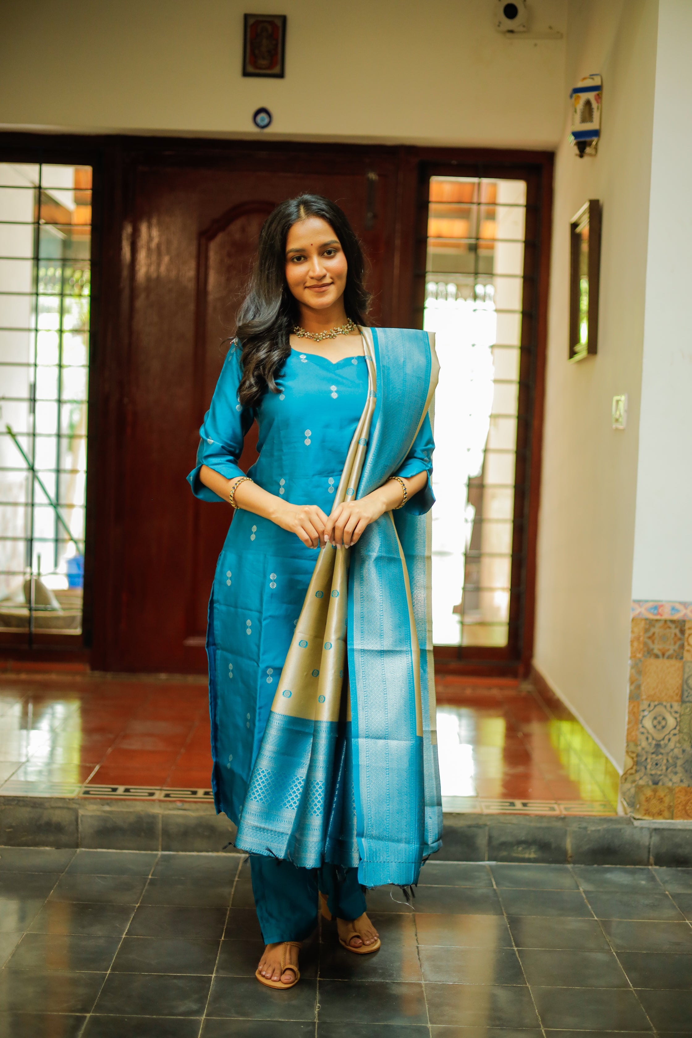 Ilavarasi (blue) - silver zari vegan silk suit set in blue and green