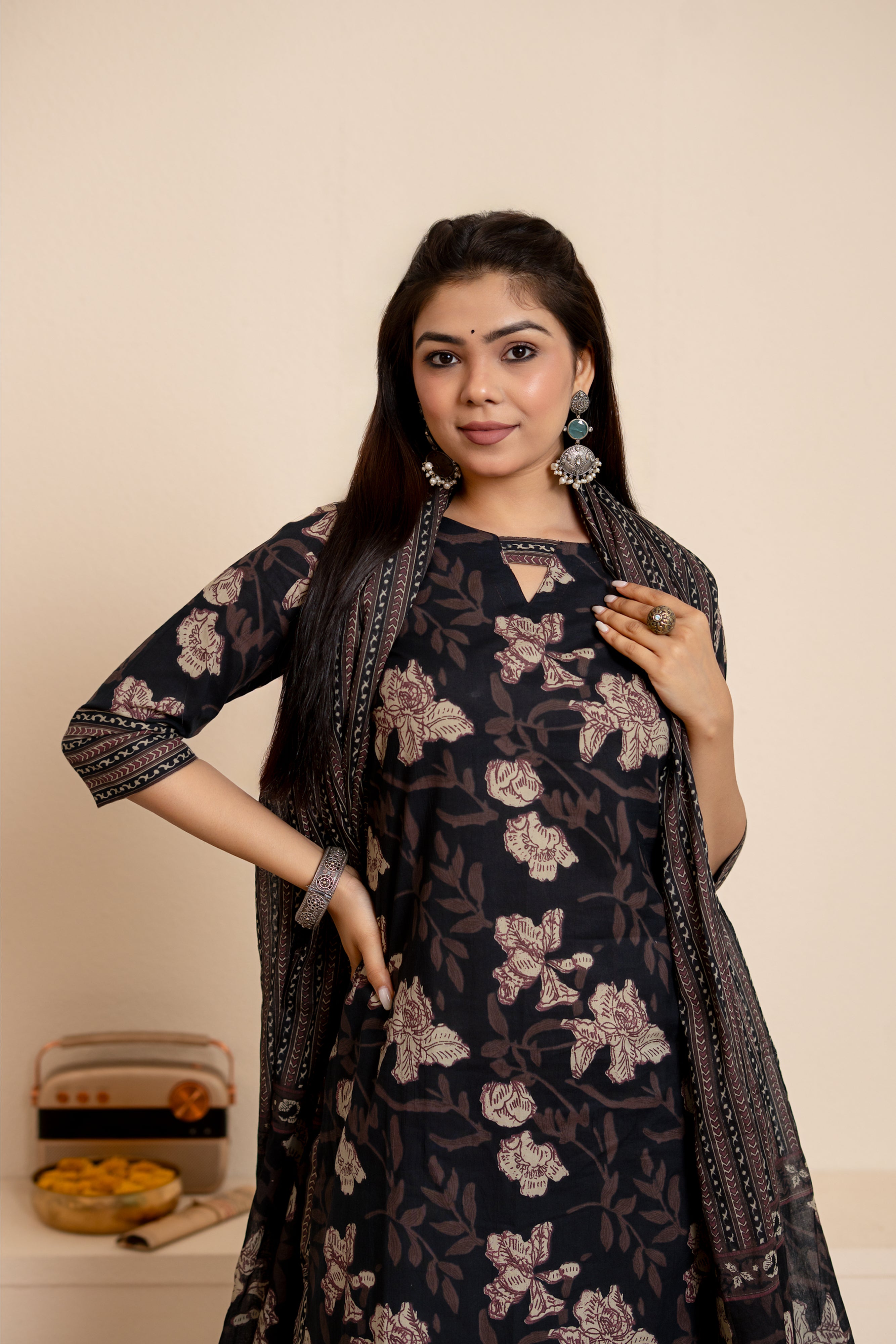 Vismaya - floral silhouette hand block printed suit set in black colour