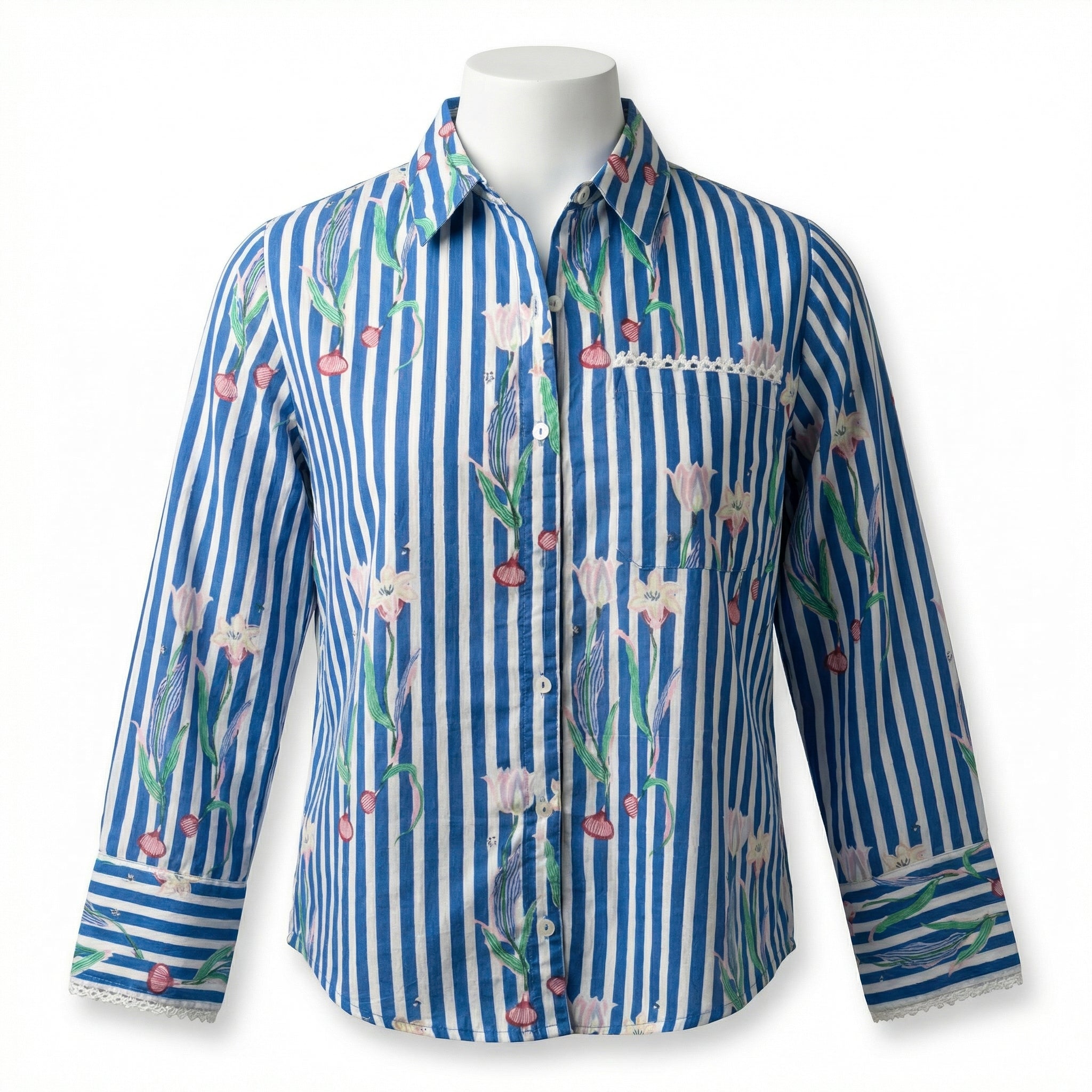 Women's shirt 34- Floral printed organic cotton shirt in blue
