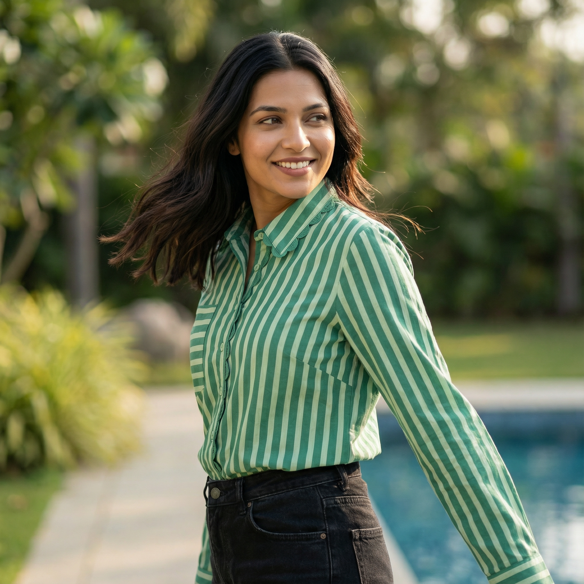 Women's shirt 5 - promenade stripes printed organic cotton shirt in emerald green with lace detailing