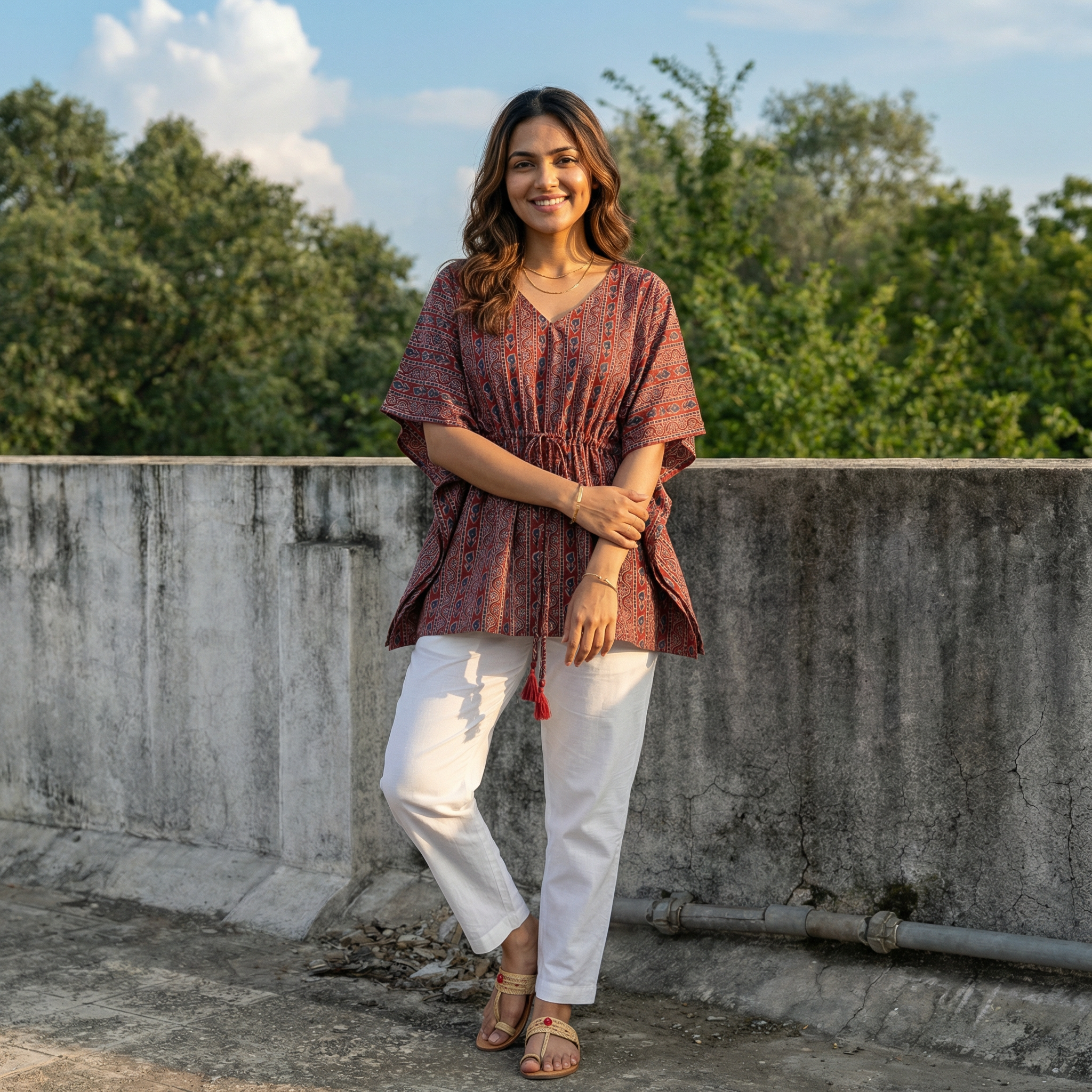 Kaftan Top #14- paisley motif printed organic cotton kaftan top in deep red