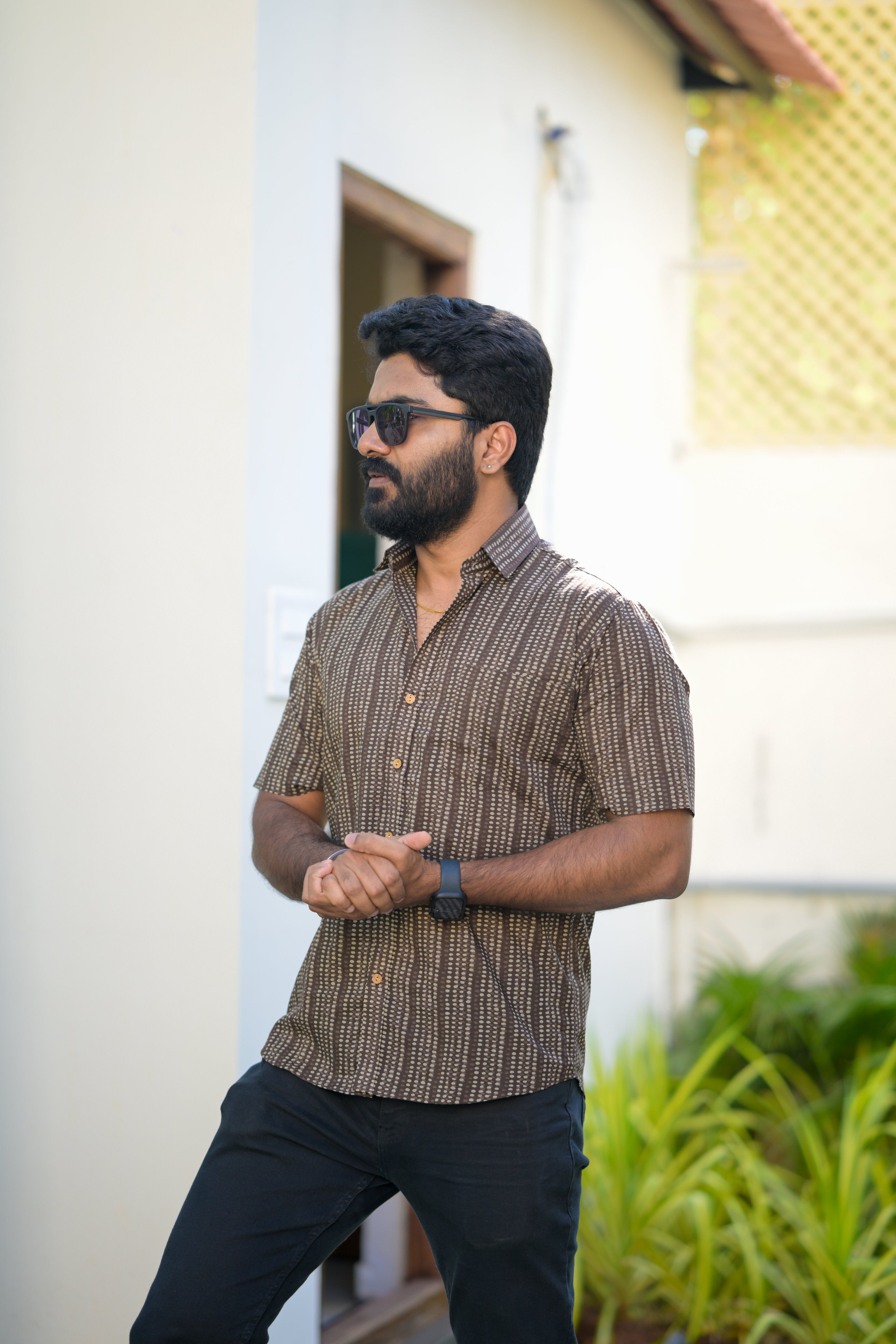 Shirt - 30 - abstract handblock printed organic cotton shirt in brown and white