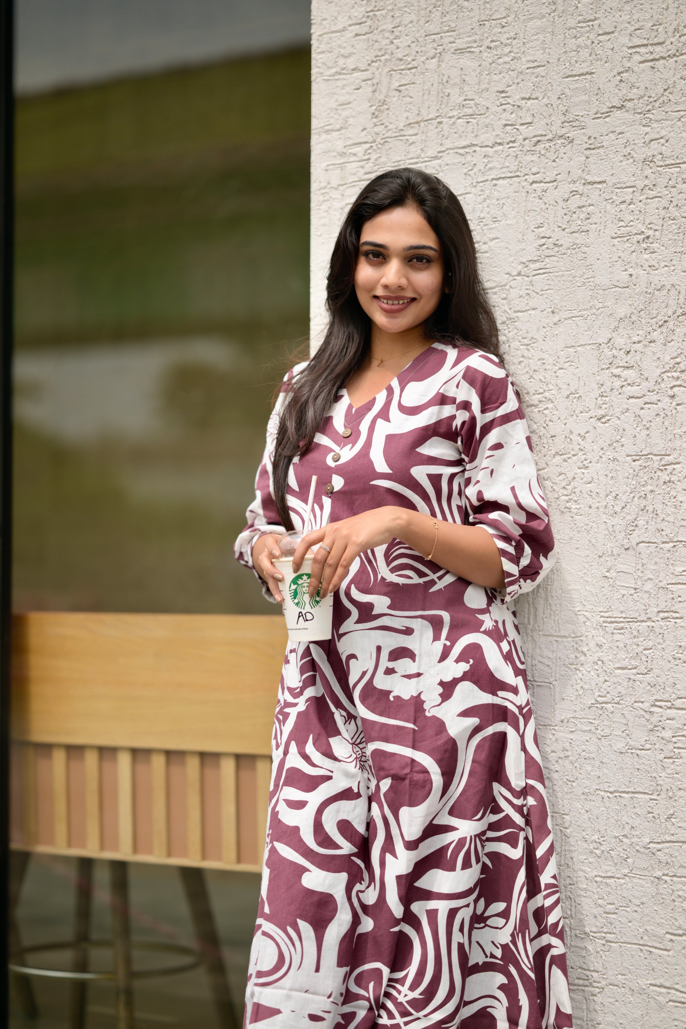 Prarthna ( wine) - abstract printed A line cotton flex kurta set聽