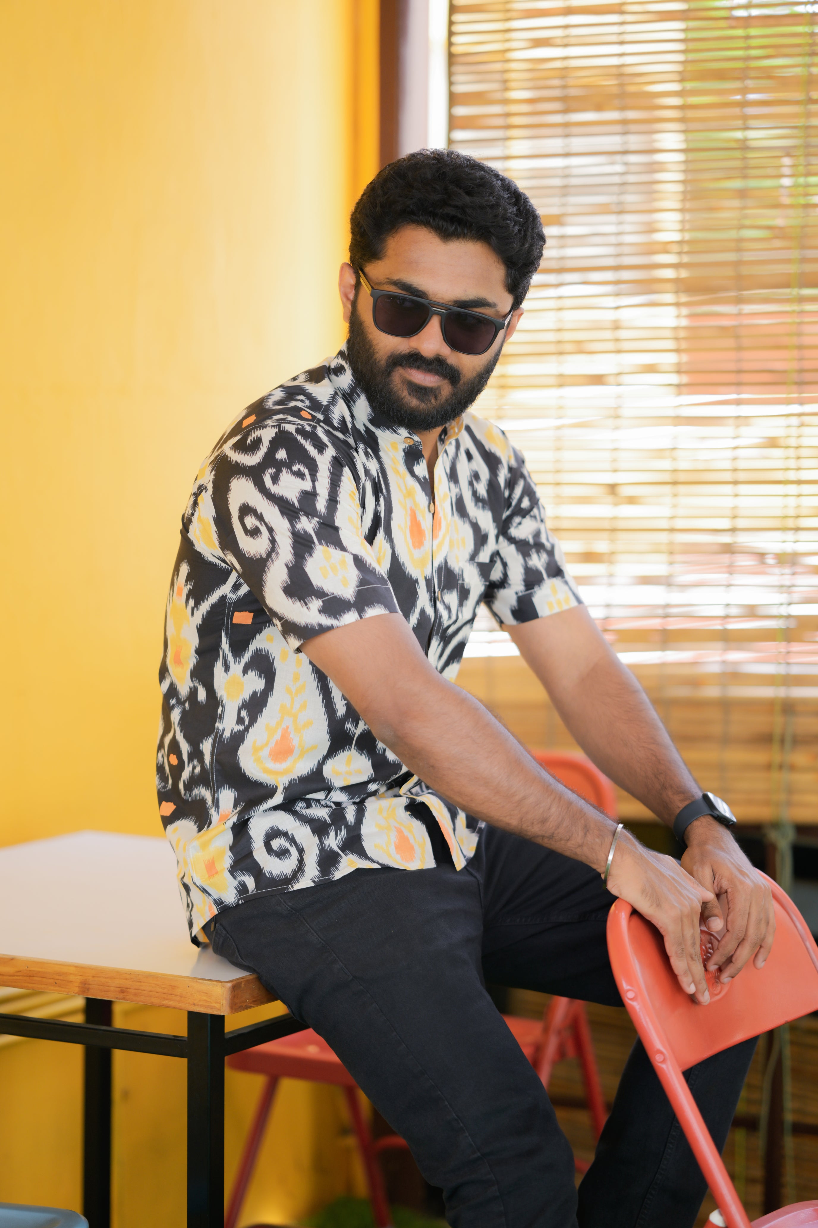Shirt -26 - abstract handblock printed organic cotton shirt in black and yellow