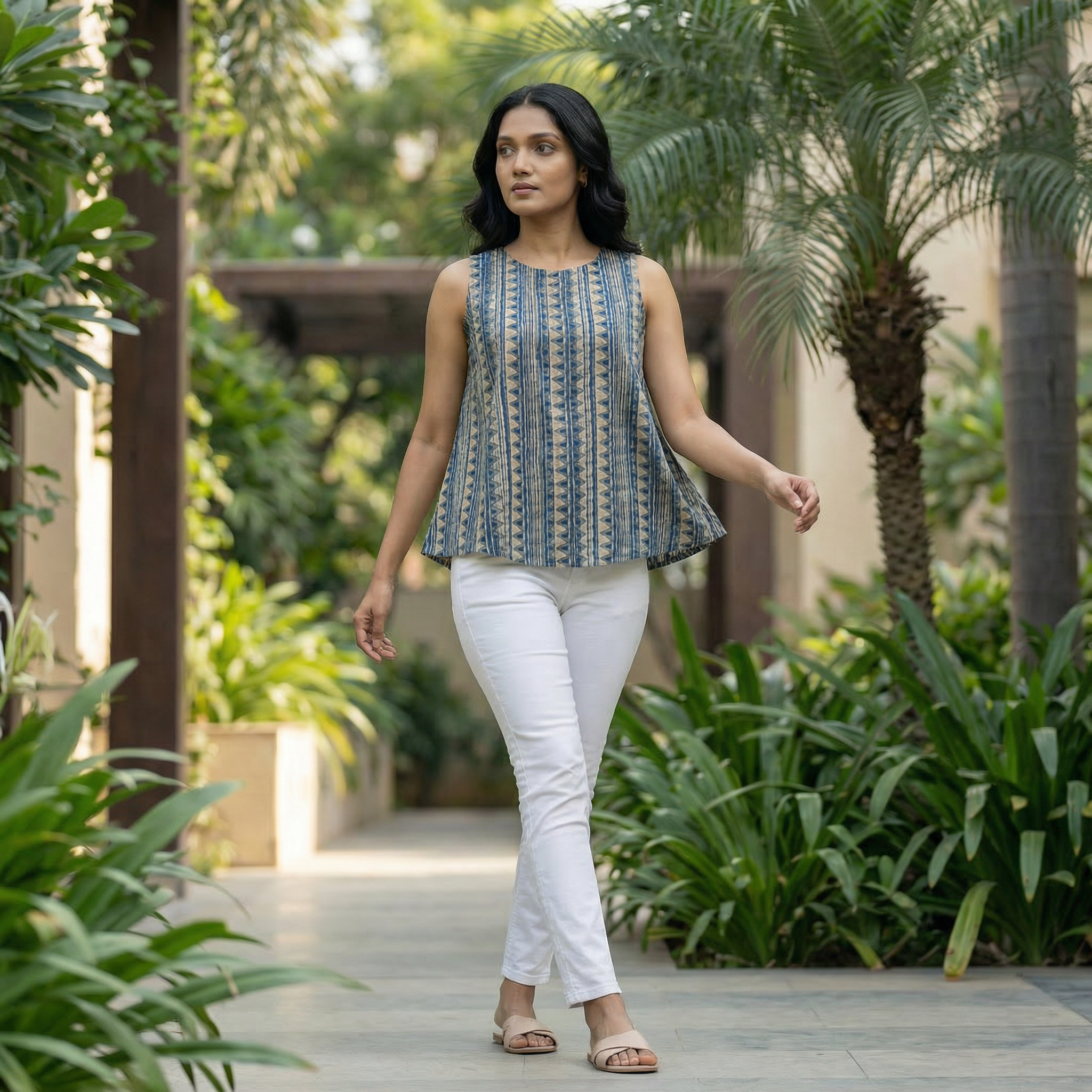 Crop top #60- handloom organic A line cotton top in blue and off white