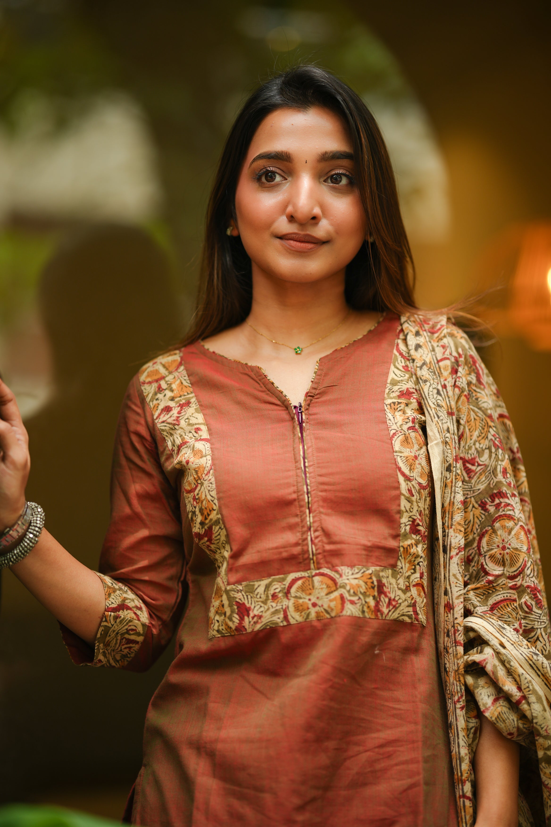 Disha ( rust ) - handloom cotton kalamkari suit set in rust orange