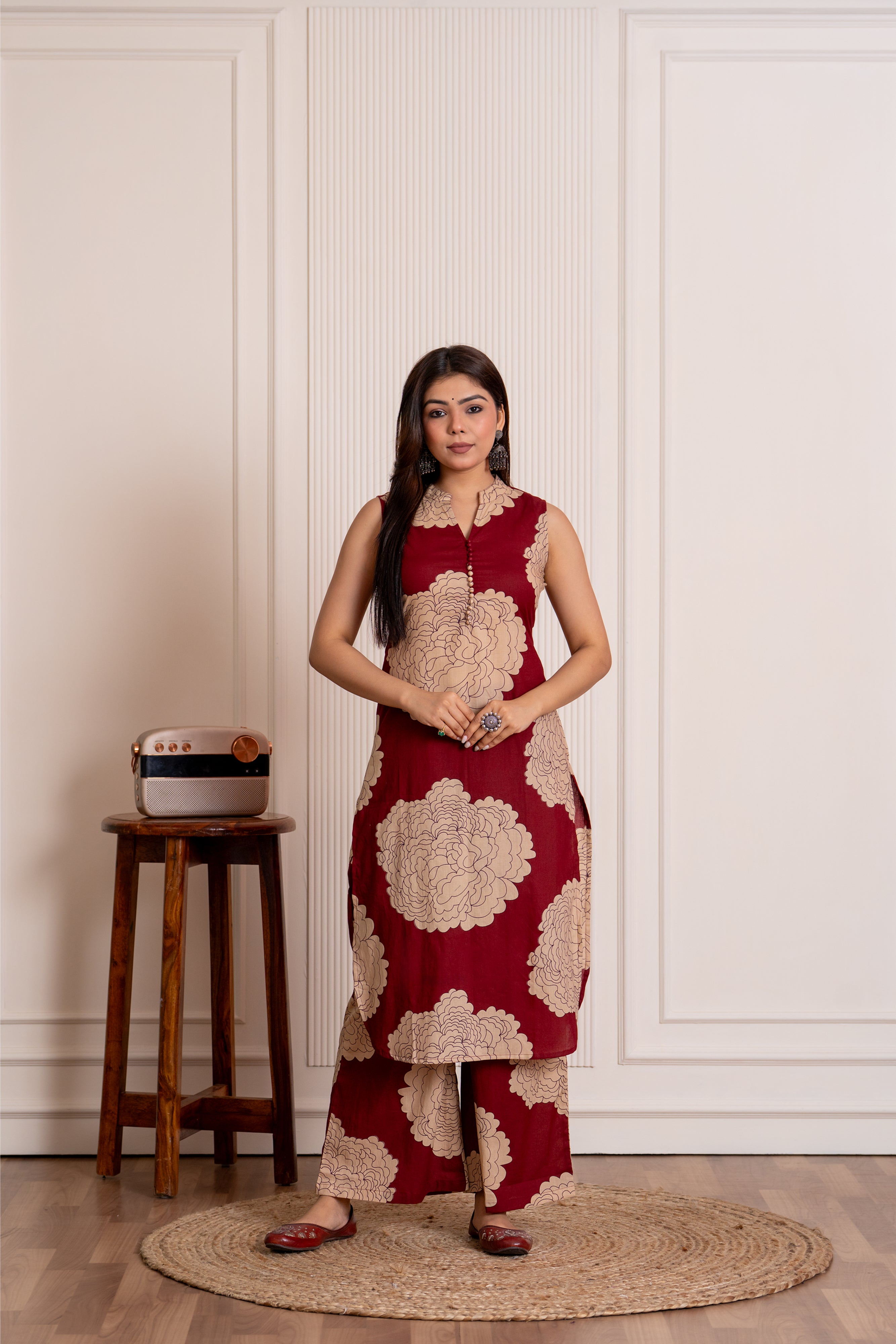 Purna - floral silhouette handblock printed cotton coord set in mahroon colour