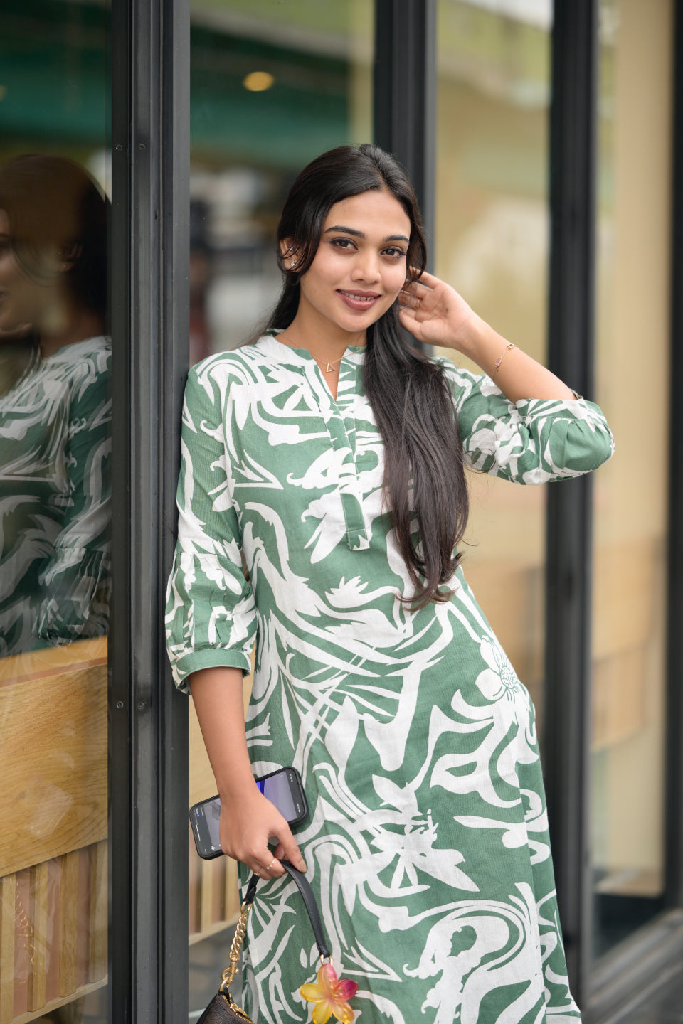 Prarthna ( green ) - abstract printed A line cotton flex kurta set in pastel green