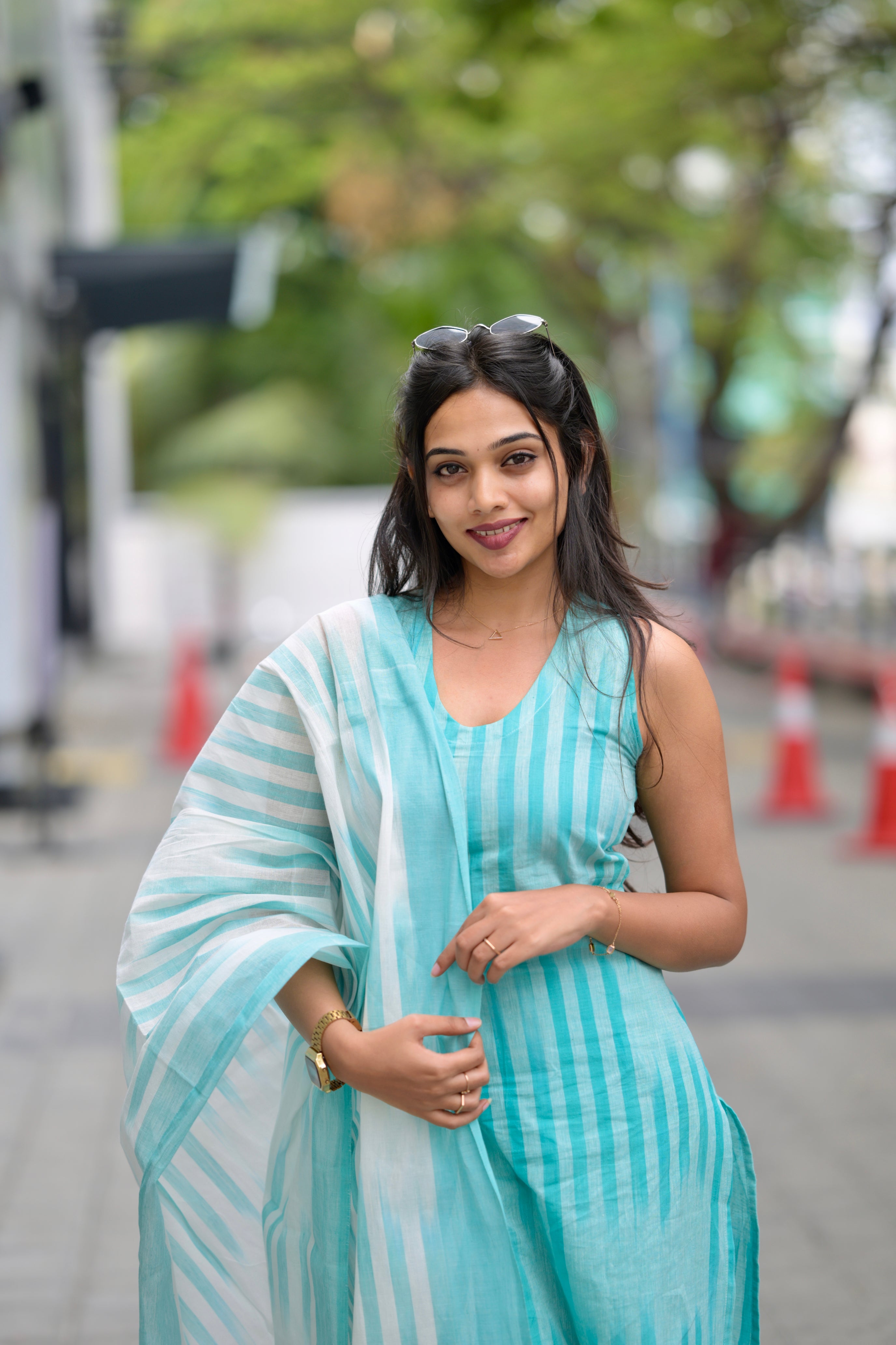 Kalki (sea blue) -ikkat handloom cotton suit set with dupatta in sea blue