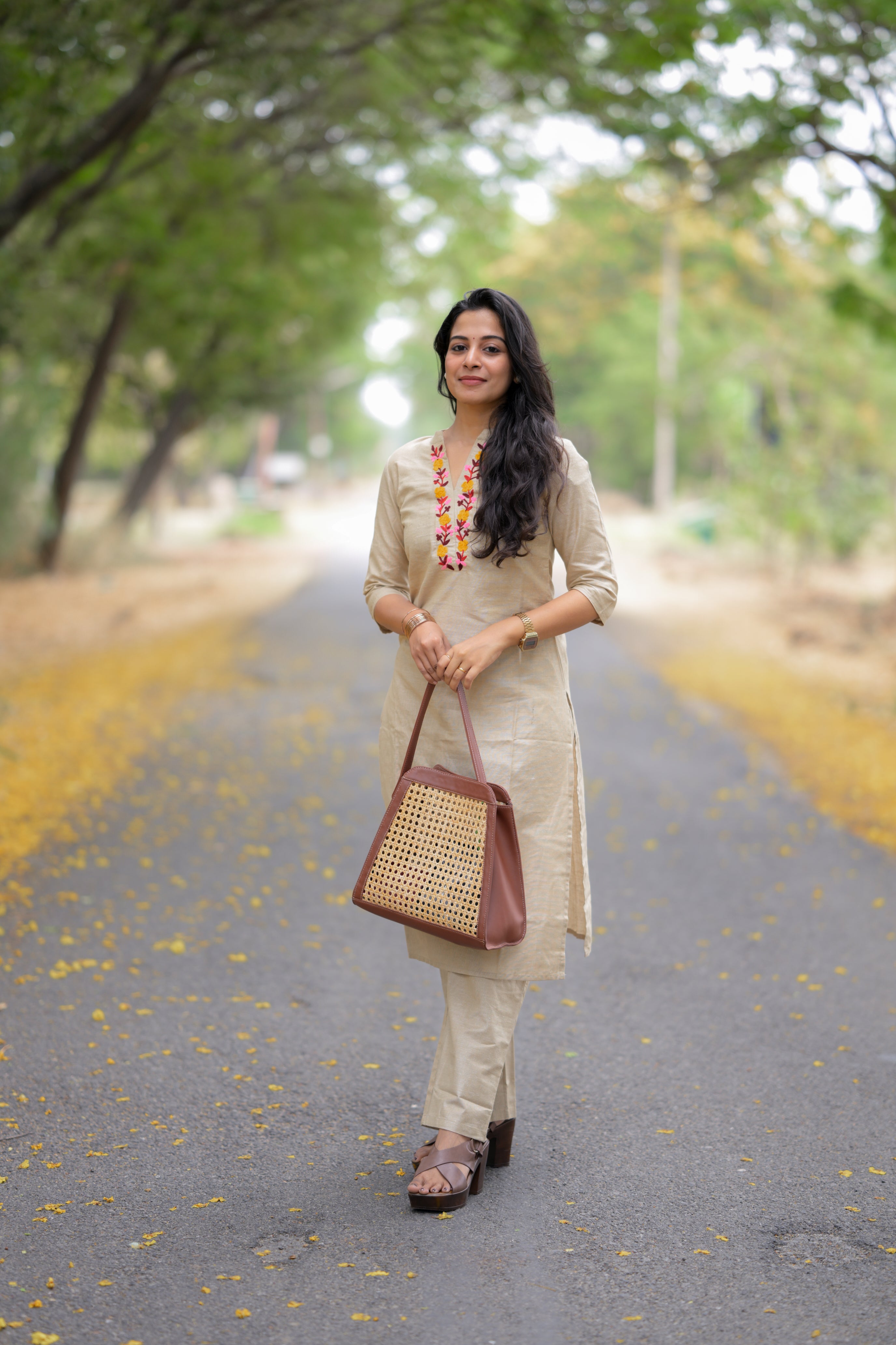 Kadhambari (biscoff) - khadi linen kurta set in biscoff colour with embroidery