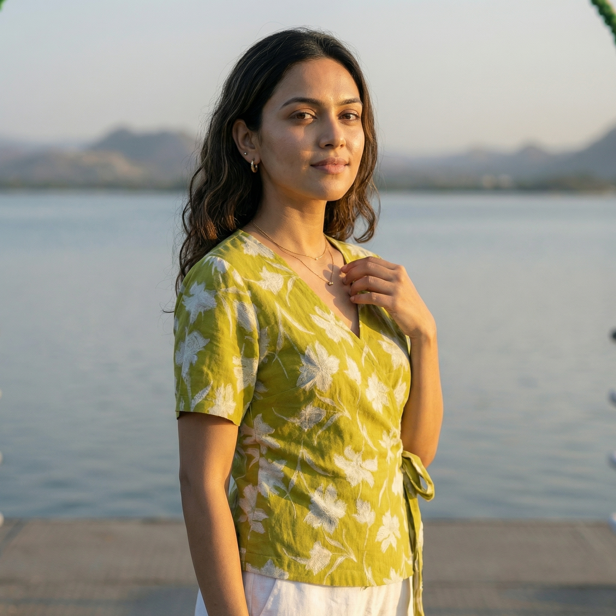 Crop top #97- handloom organic wrap on cotton top in olive green