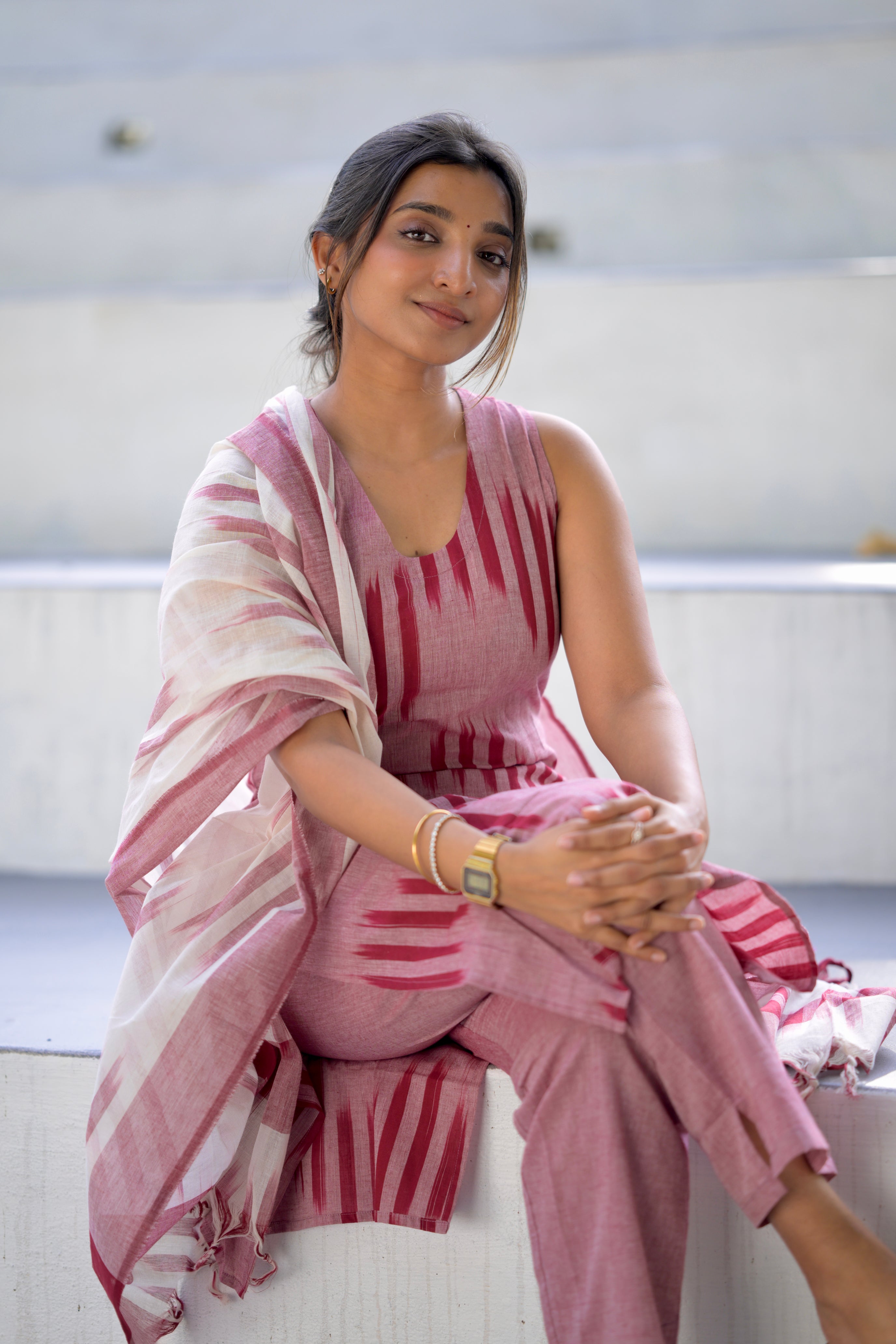 Kayal (maroon) -ikkat handloom cotton suit set with dupatta in maroon