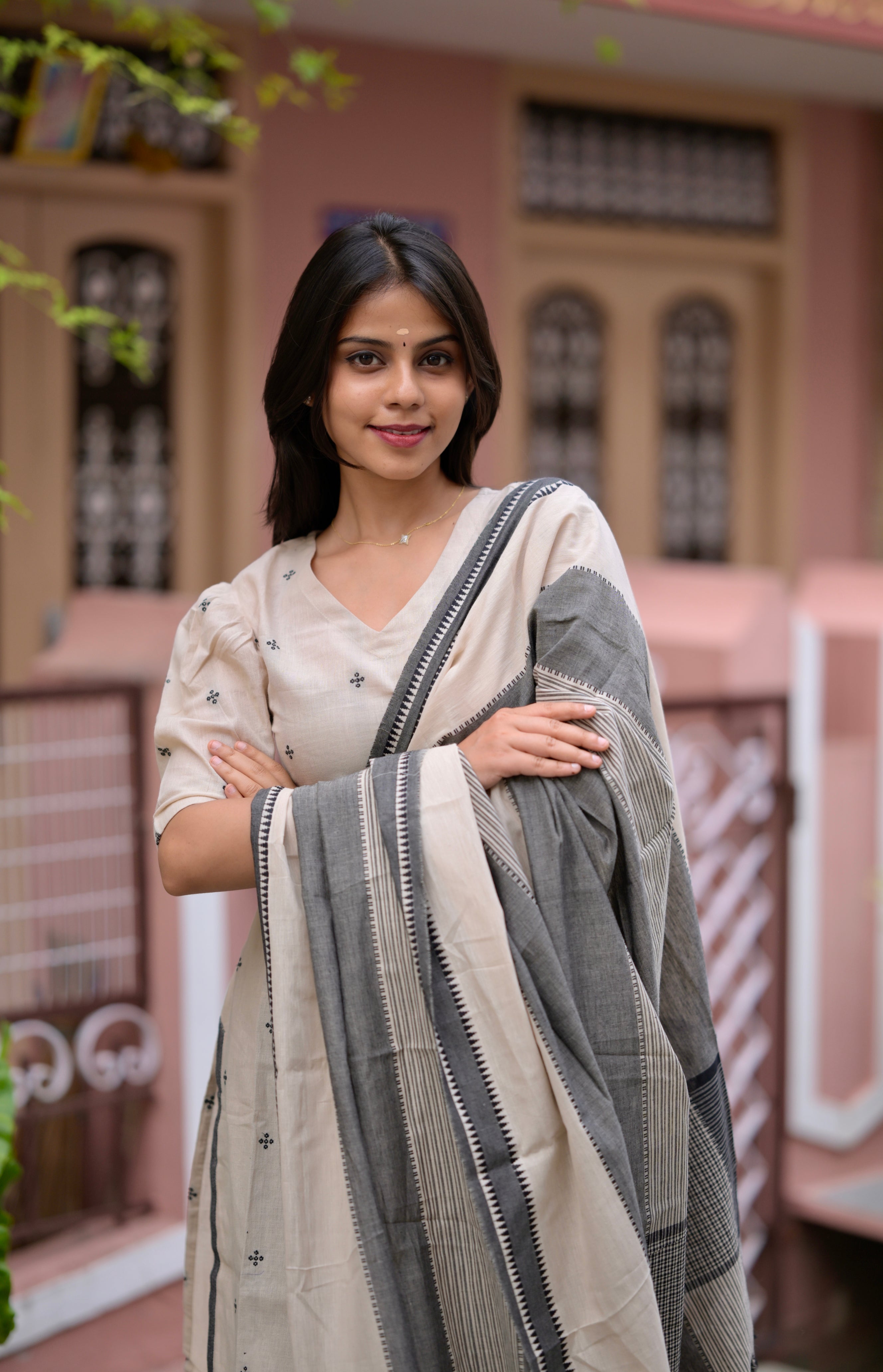 Yashasvi ( elephant grey) - handloom linen cotton suit set in cream and grey