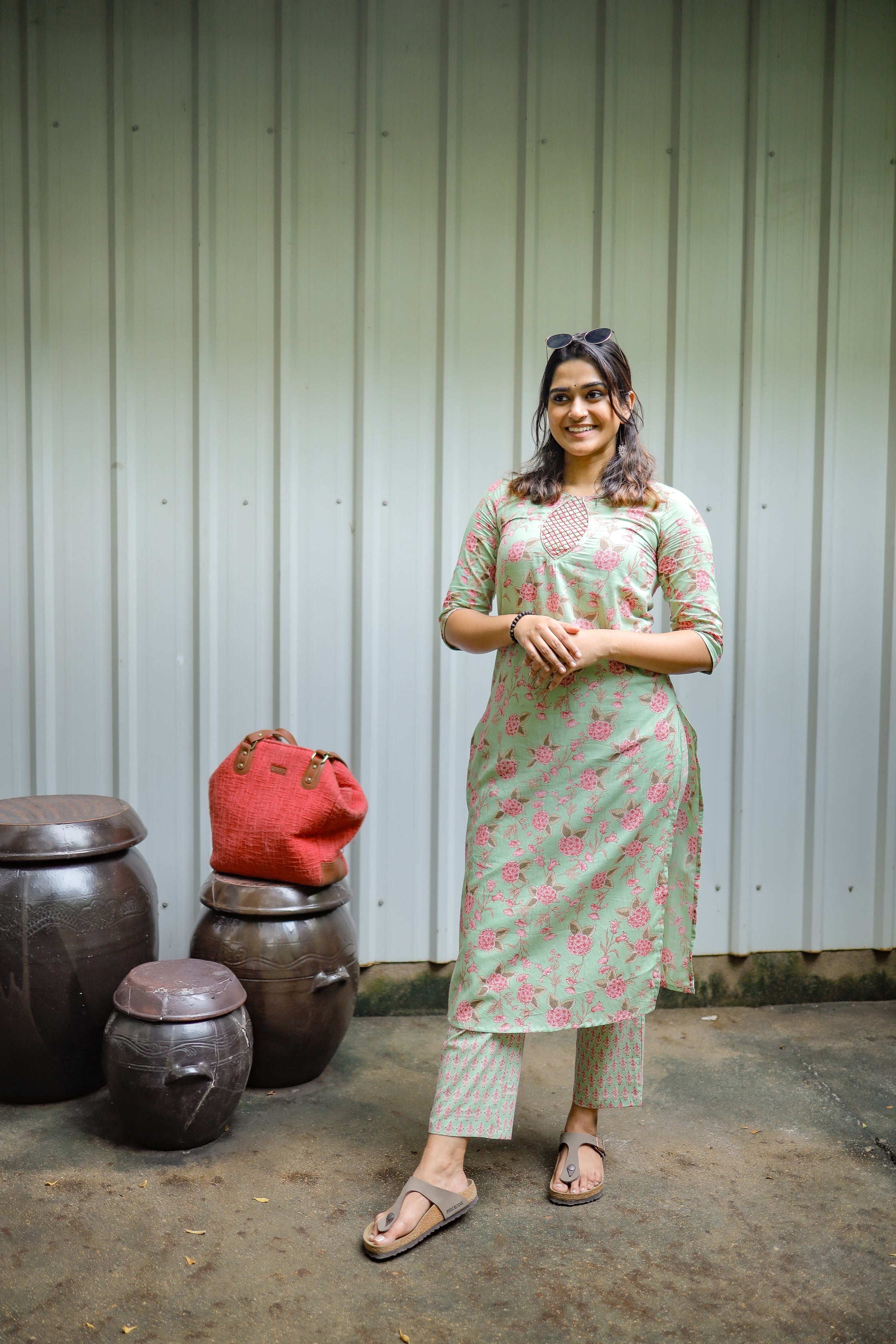 Prachi - floral handblock printed cotton kurta set in green and pink