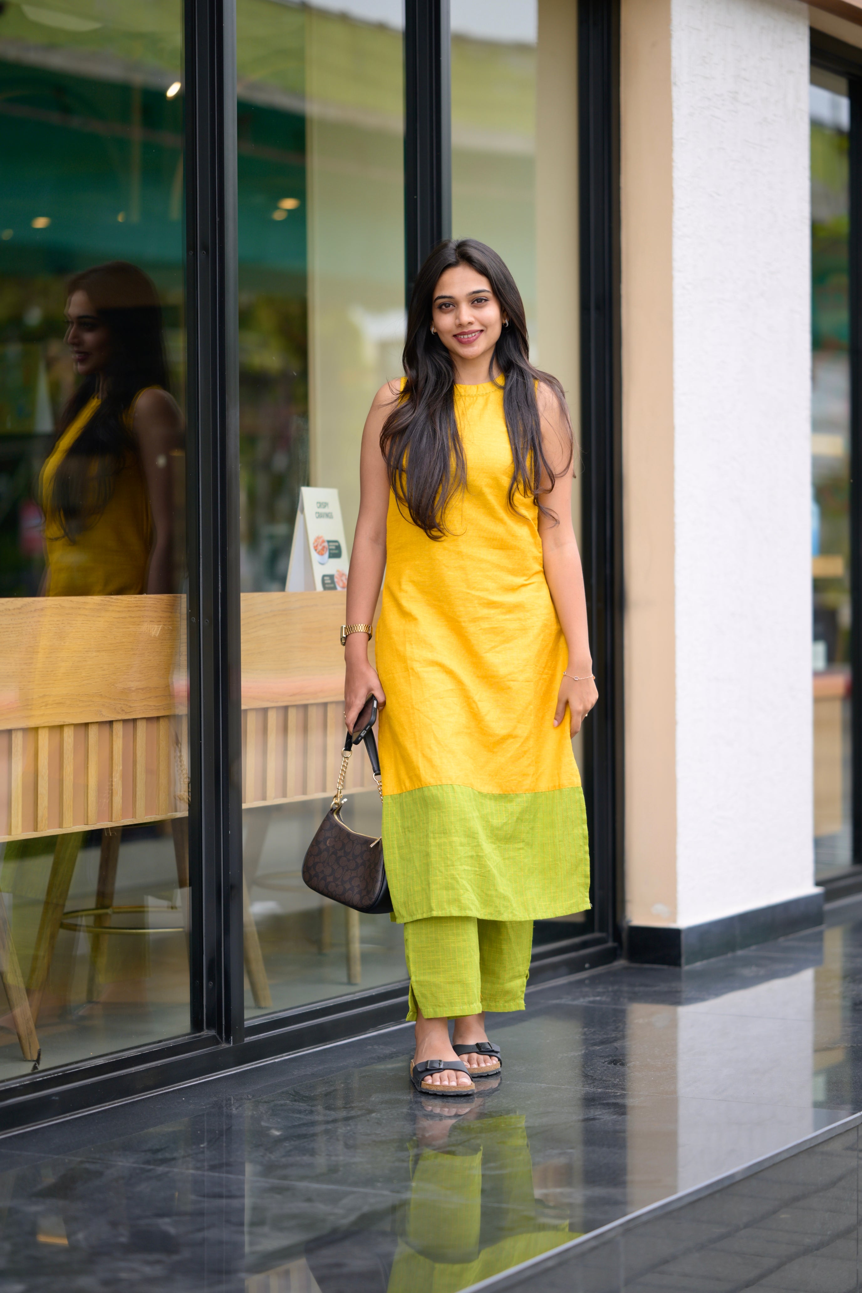 Amudini - handloom cotton halter neck coord set in yellow and green