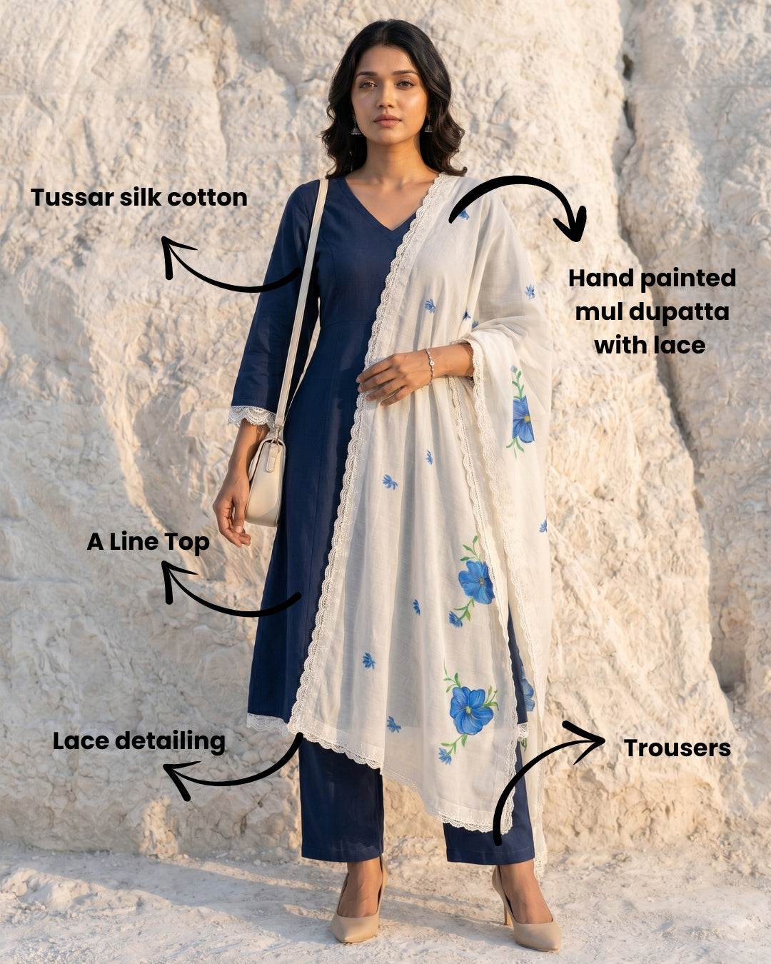 Kaira - tussar linen blend A line kurta set with pure mul cotton handpainted floral dupatta