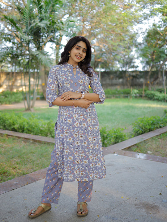 Swarga - floral hand block printed cotton kurta set in grey