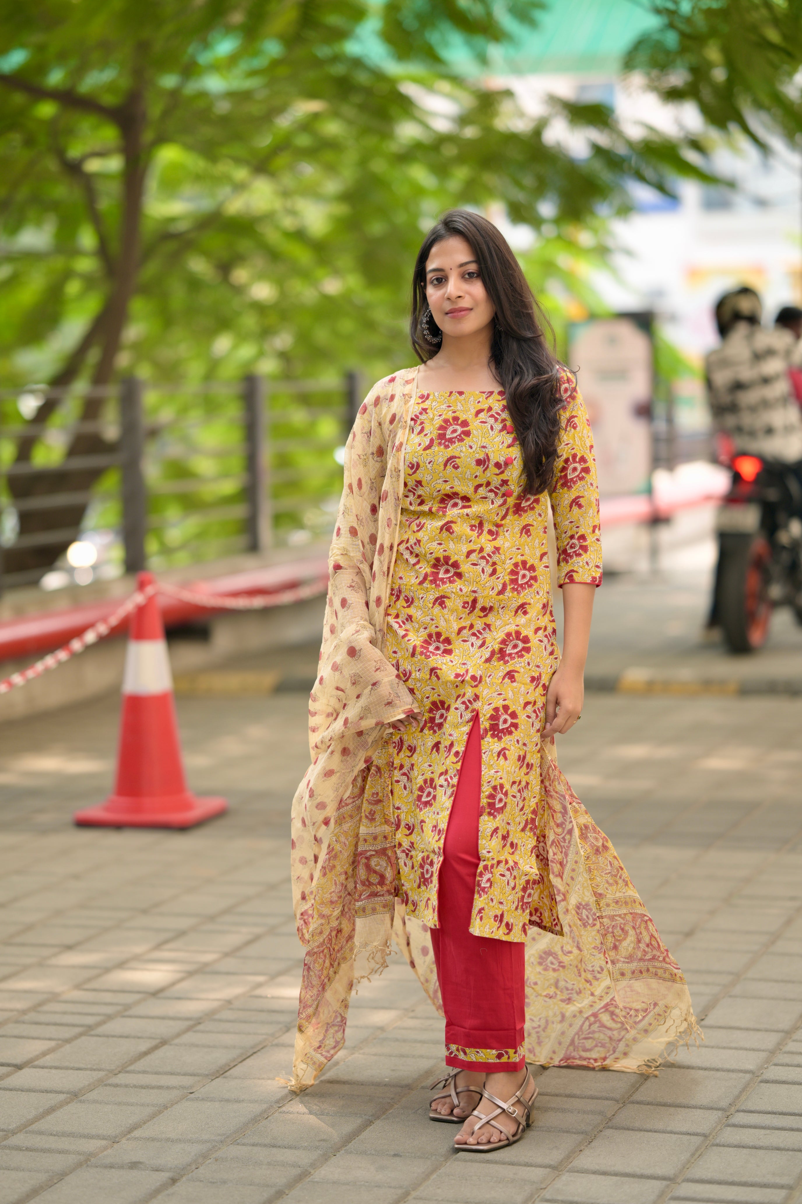 Barsa ( yellow)- handblocked printed cotton suit set in yellow and red