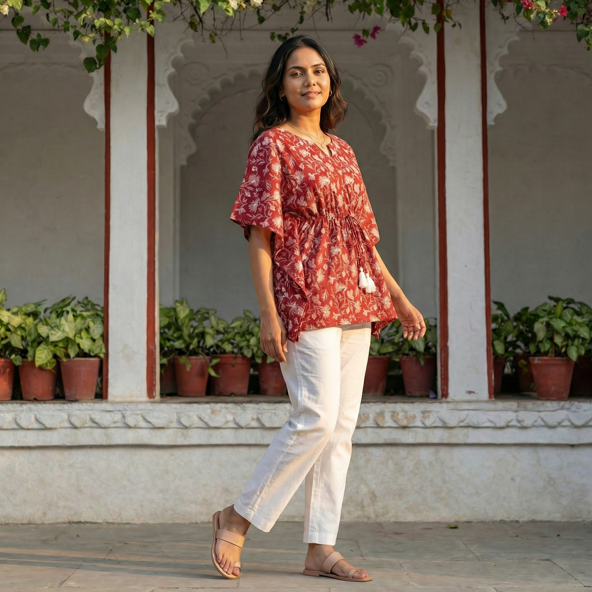 Kaftan Top #7- Floral printed organic cotton kaftan top in maroon