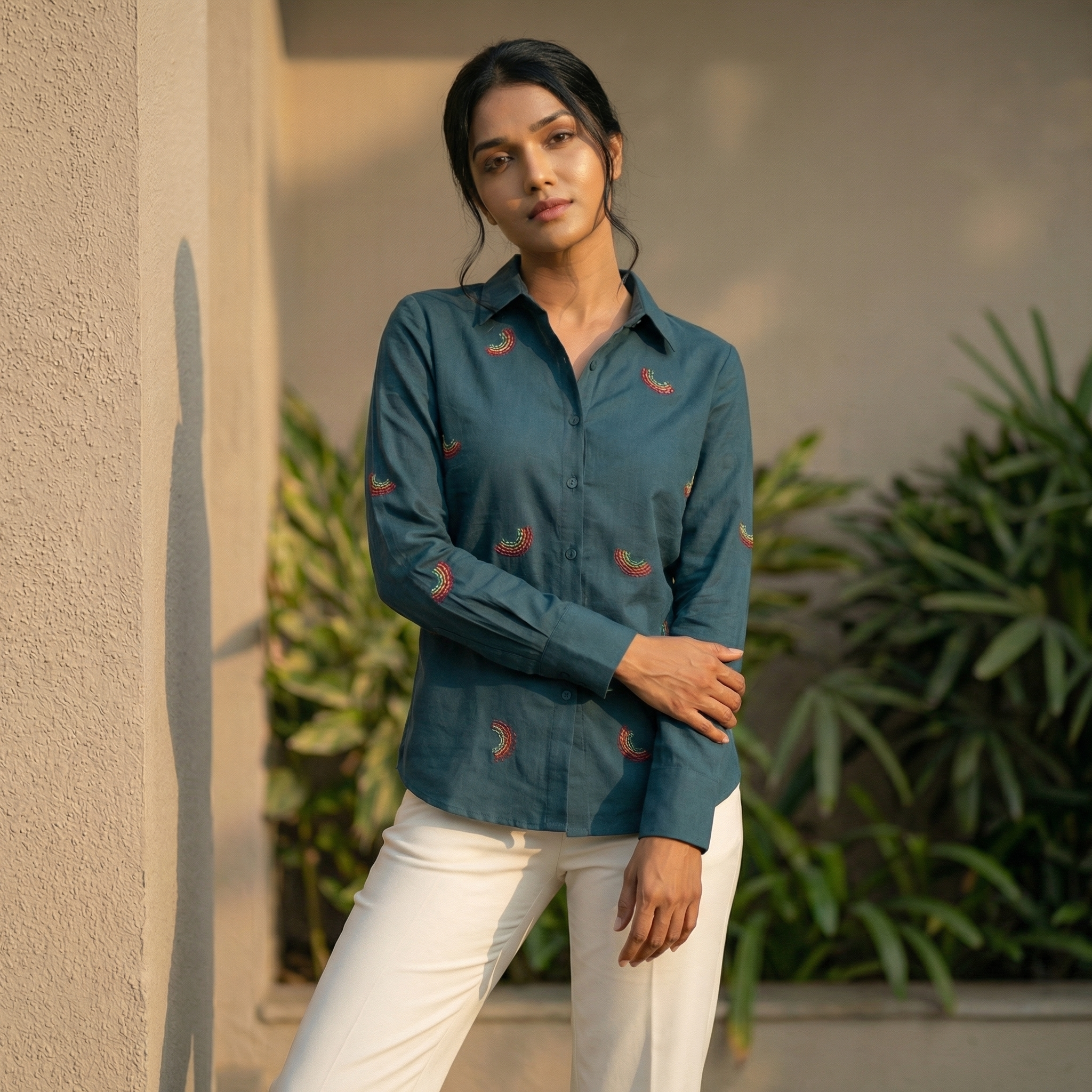 Embroidery shirt 3- Rainbow hand embroidered organic cotton shirt in teal blue