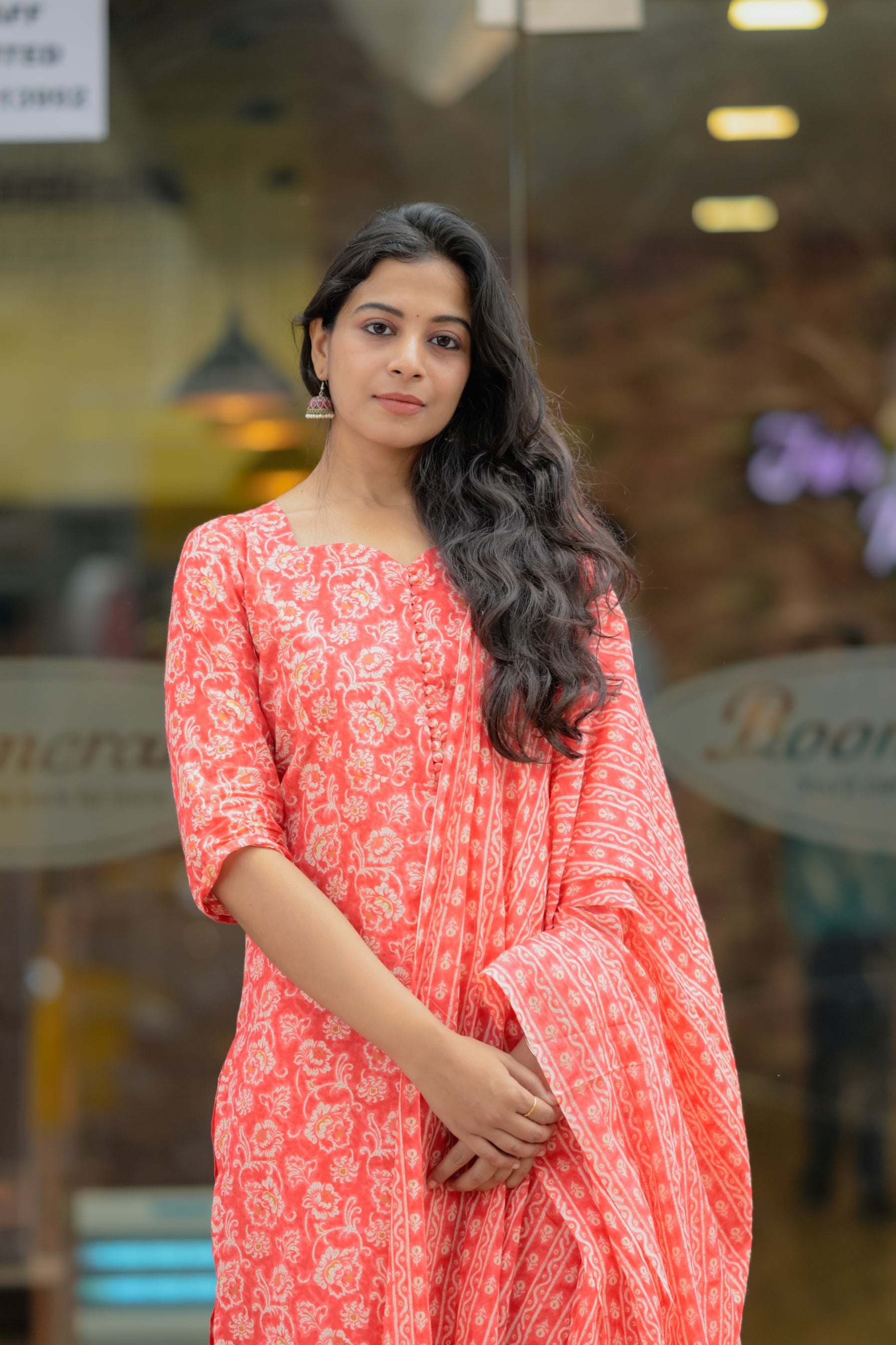 Narmatha- jaal handblock printed anarkali cotton suit set in peach colour