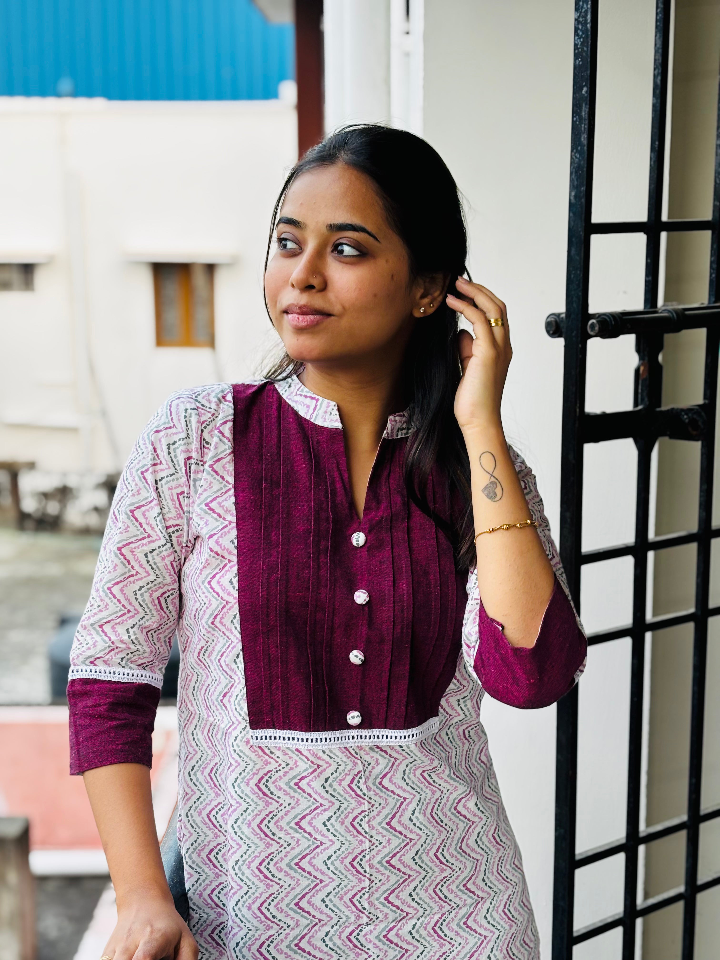 Pattern kurti 38- Handloom cotton kurti in maroon