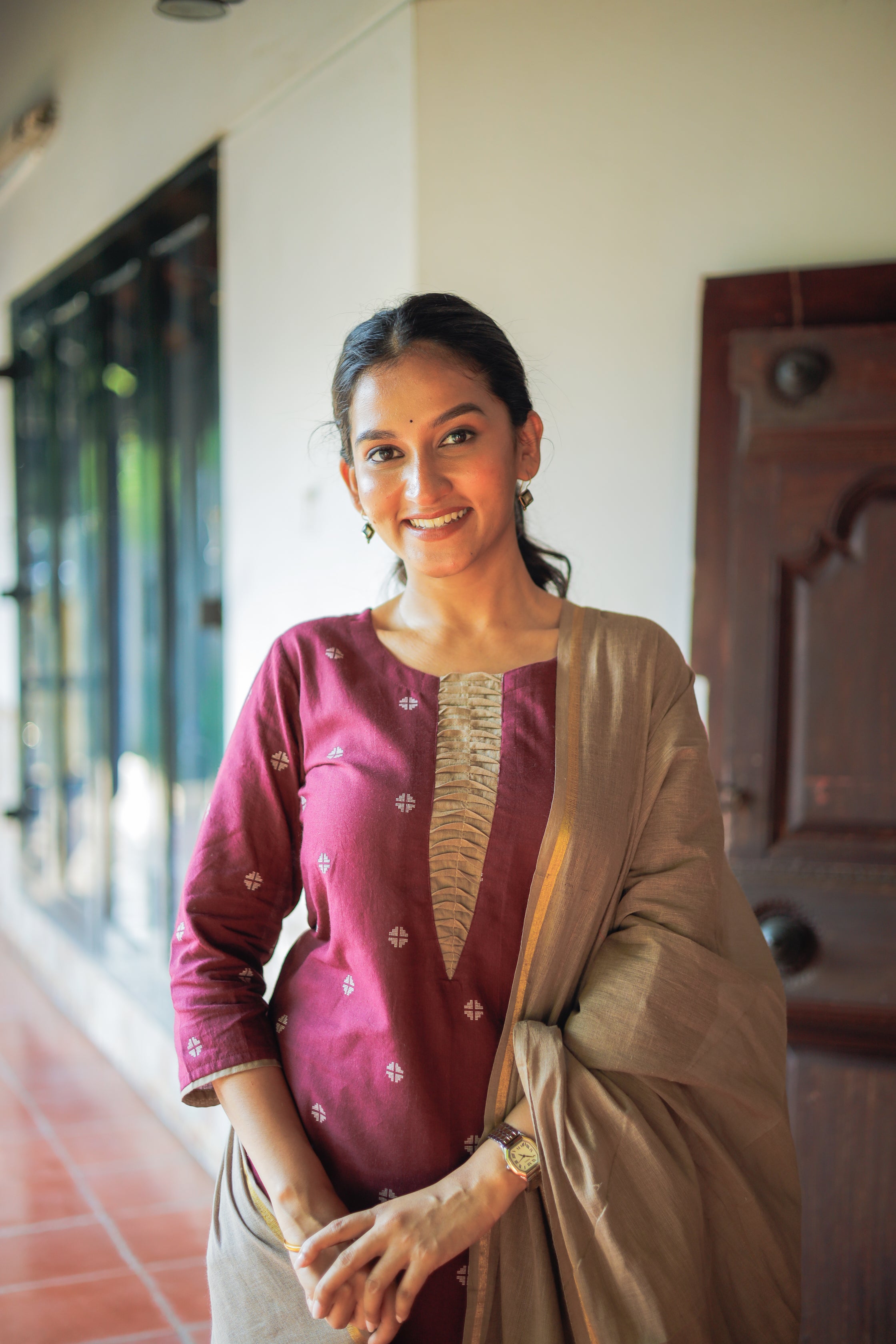Simran (wine) - handloom cotton suit set in wine and grey