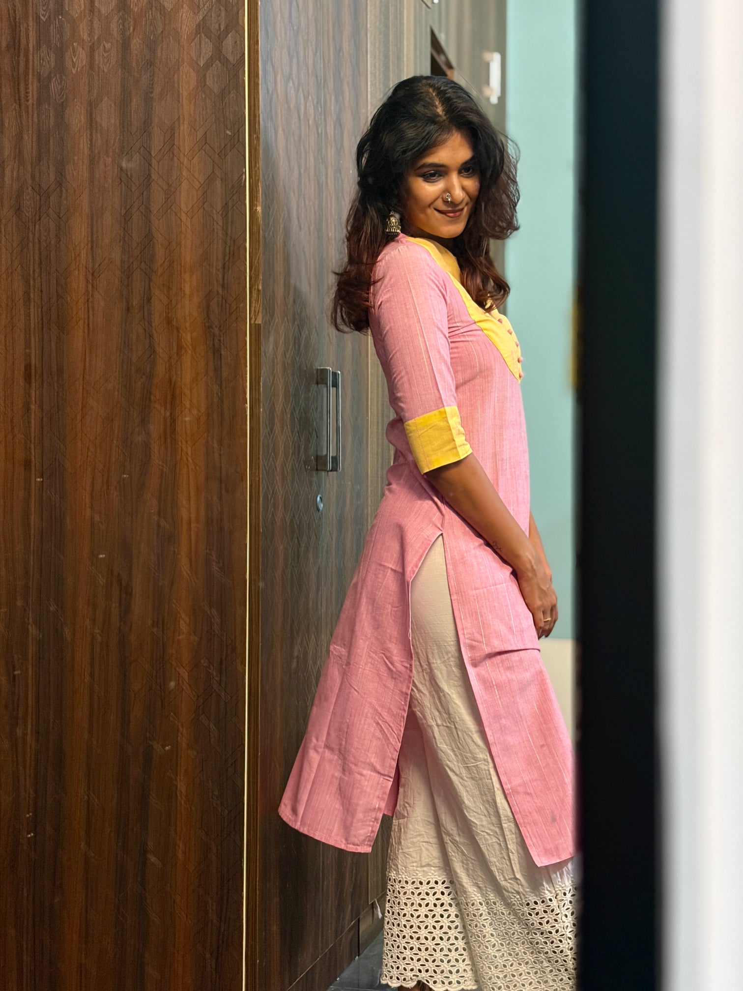 Pattern kurti 32- Handloom cotton kurti in pink and yellow