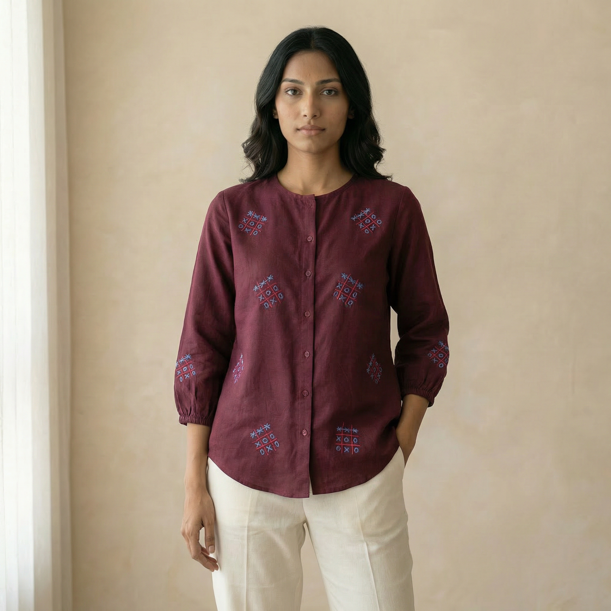 Embroidery shirt 5-XOXO hand embroidered organic cotton shirt in maroon