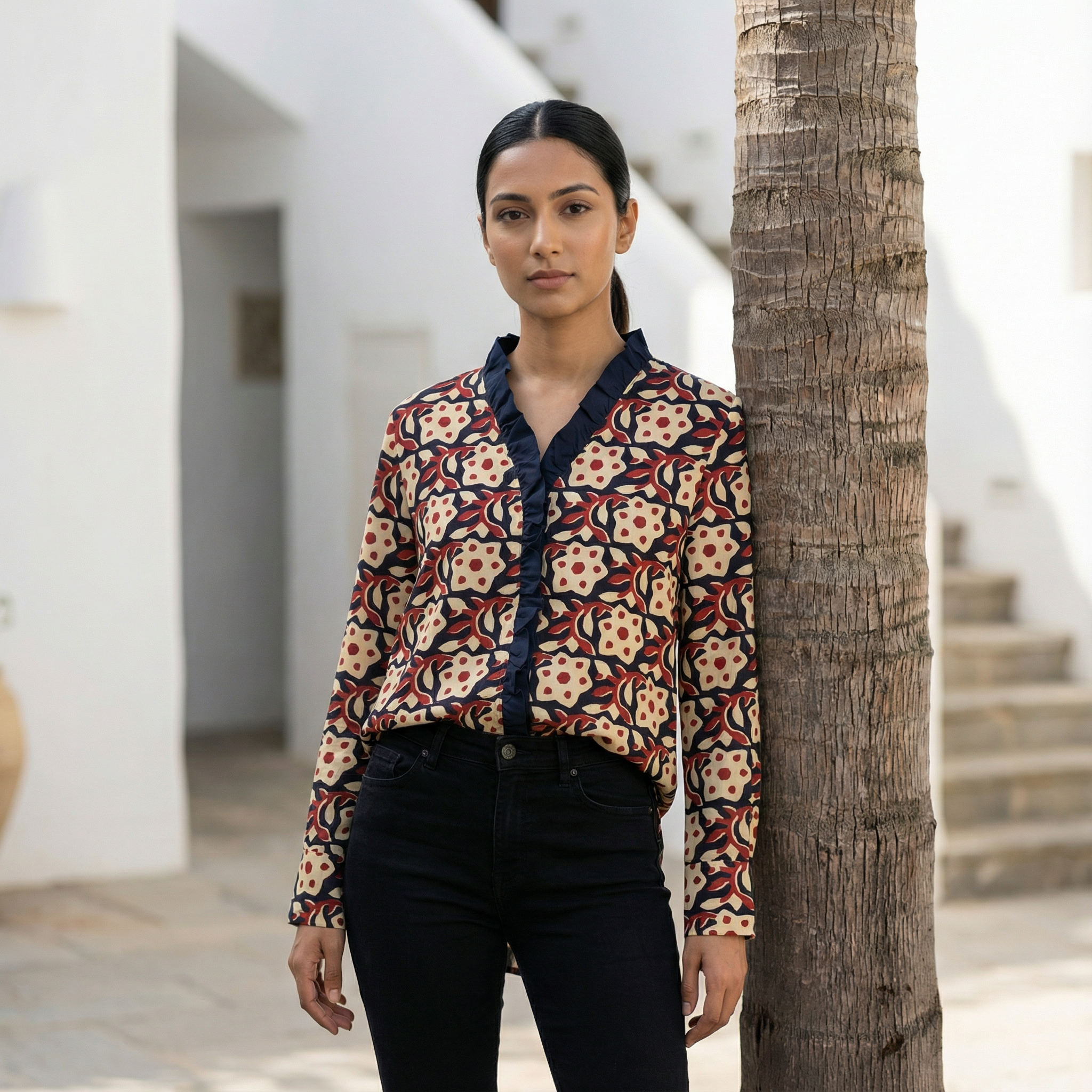 Women's shirt 16- Floral printed organic cotton shirt in red and cream