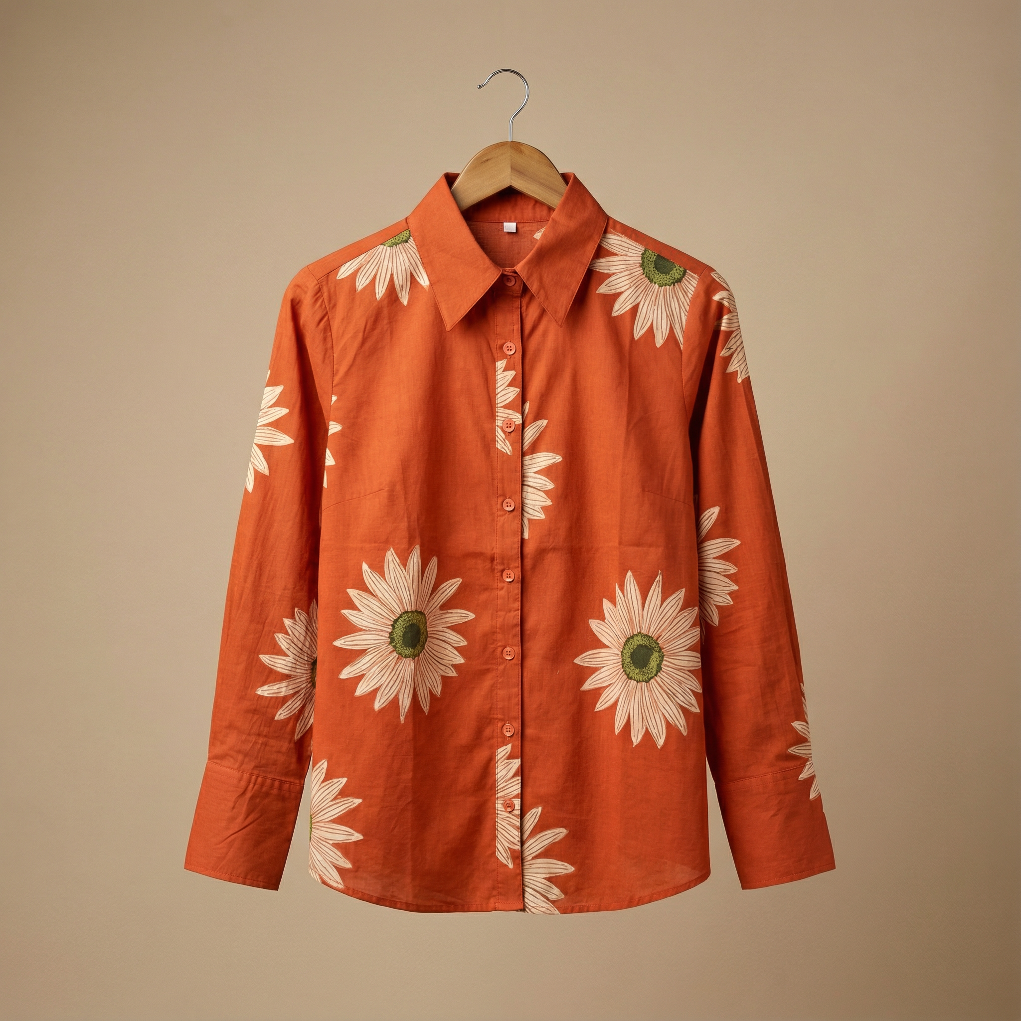 Women's shirt 9 -sunflower printed organic cotton shirt in orange and white