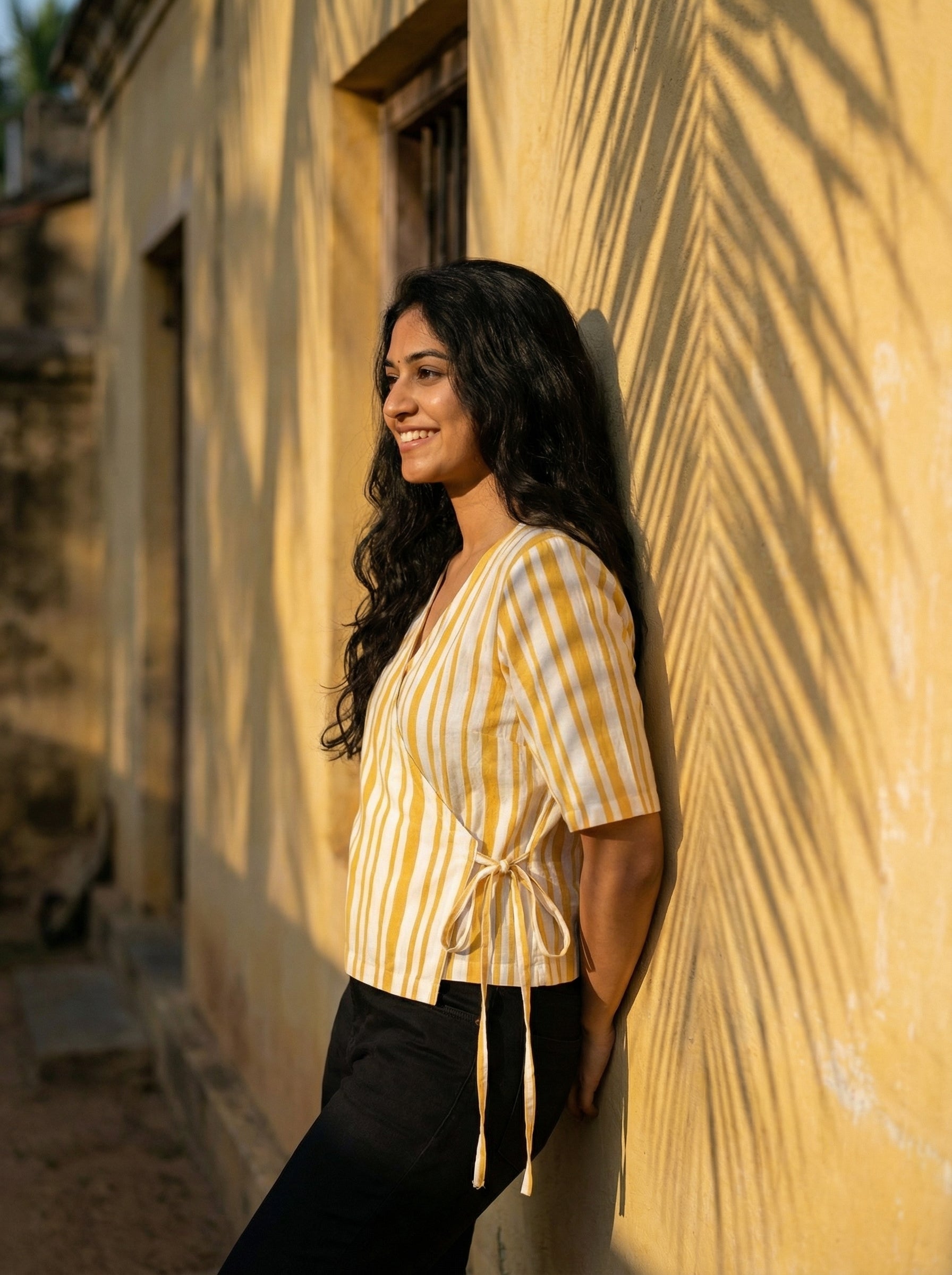 Crop top #28- handloom organic cotton top in yellow & white