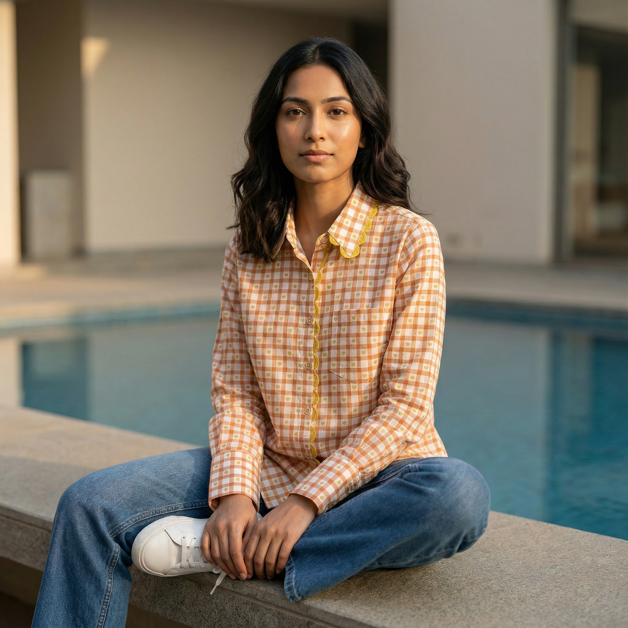 Women's shirt 6 -cute heart printed organic cotton shirt in peach and yellow