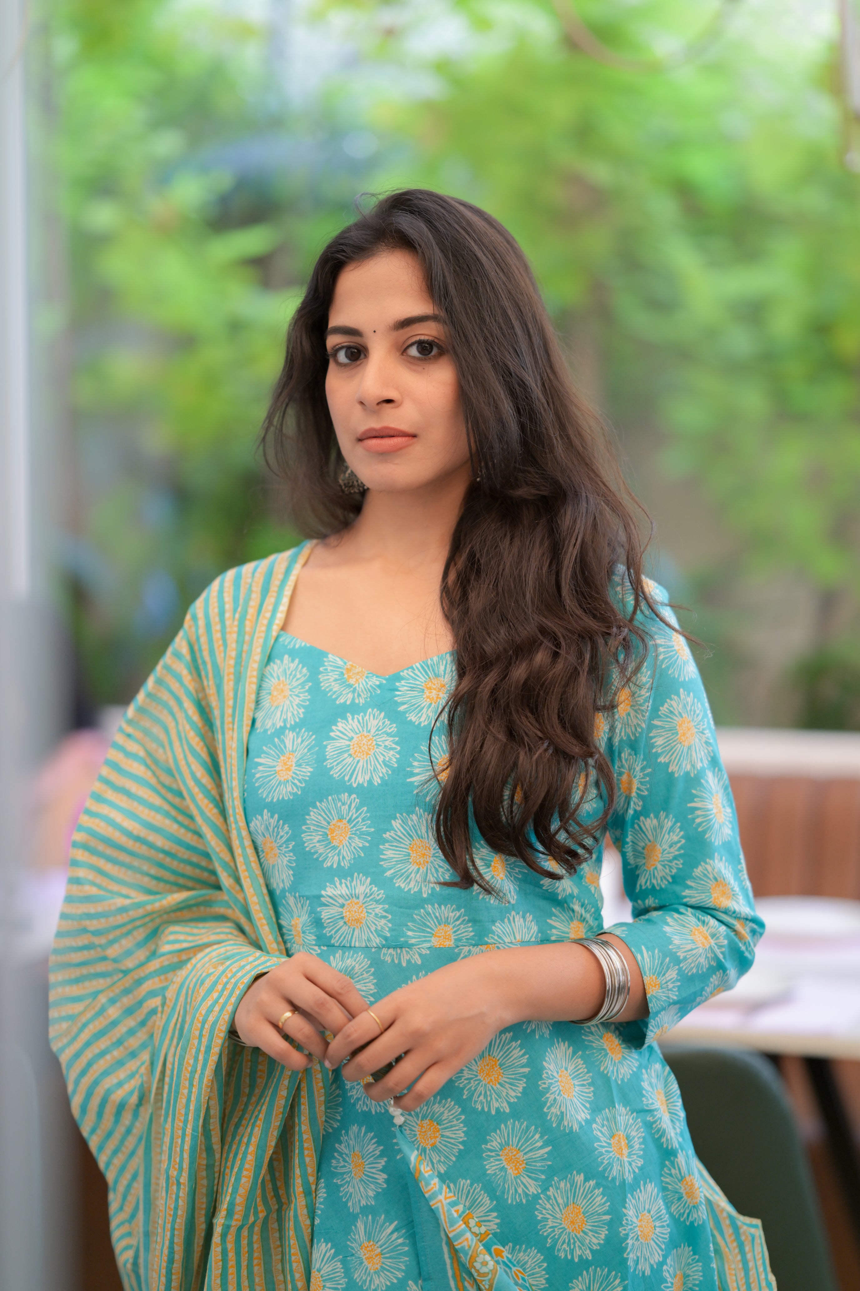 Poorni - handblock printed anarkali cotton suit set in sea blue colour