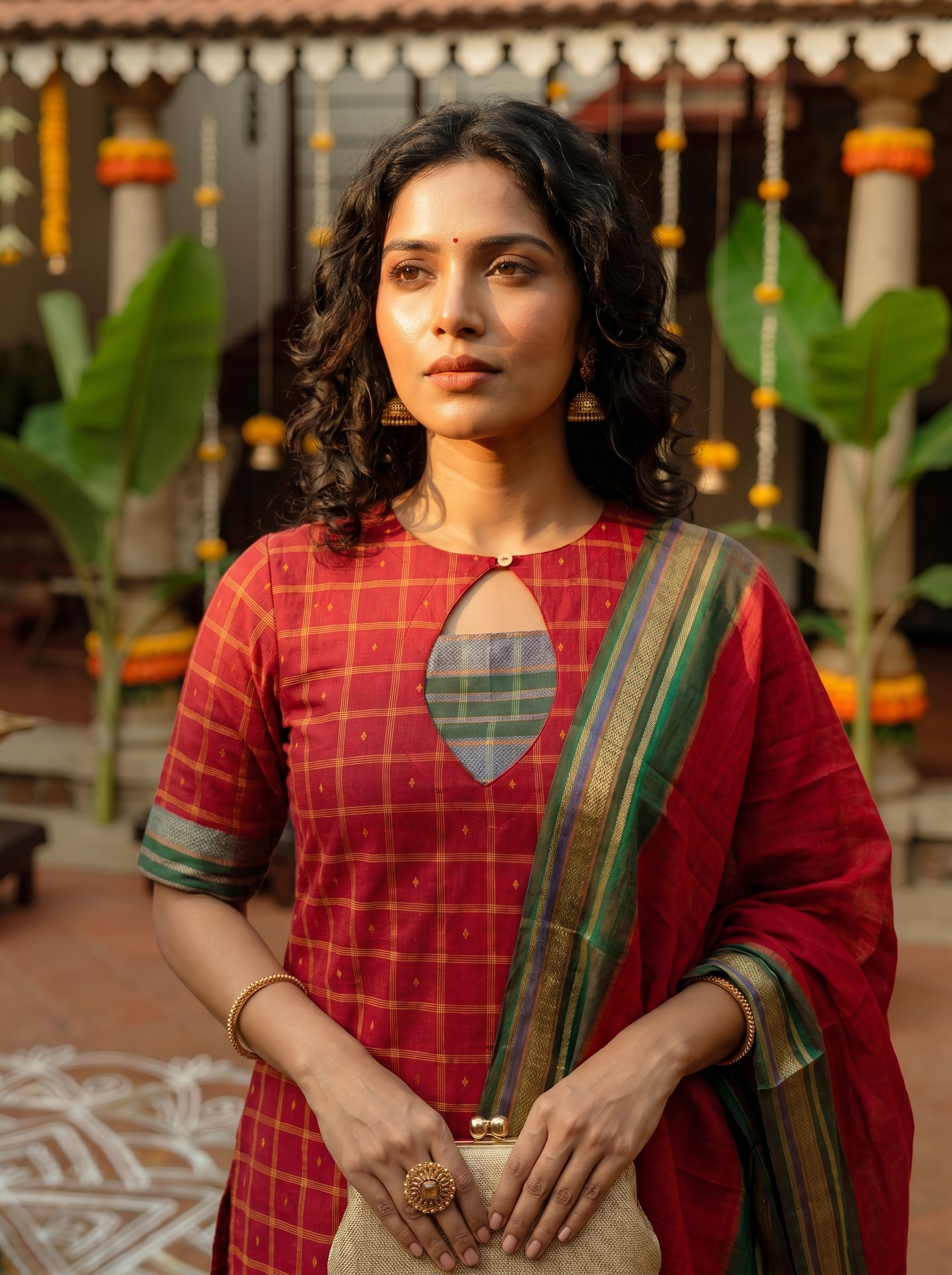 Anicham(Red) - kattam and kantha butti handwoven handloom cotton suit set in red