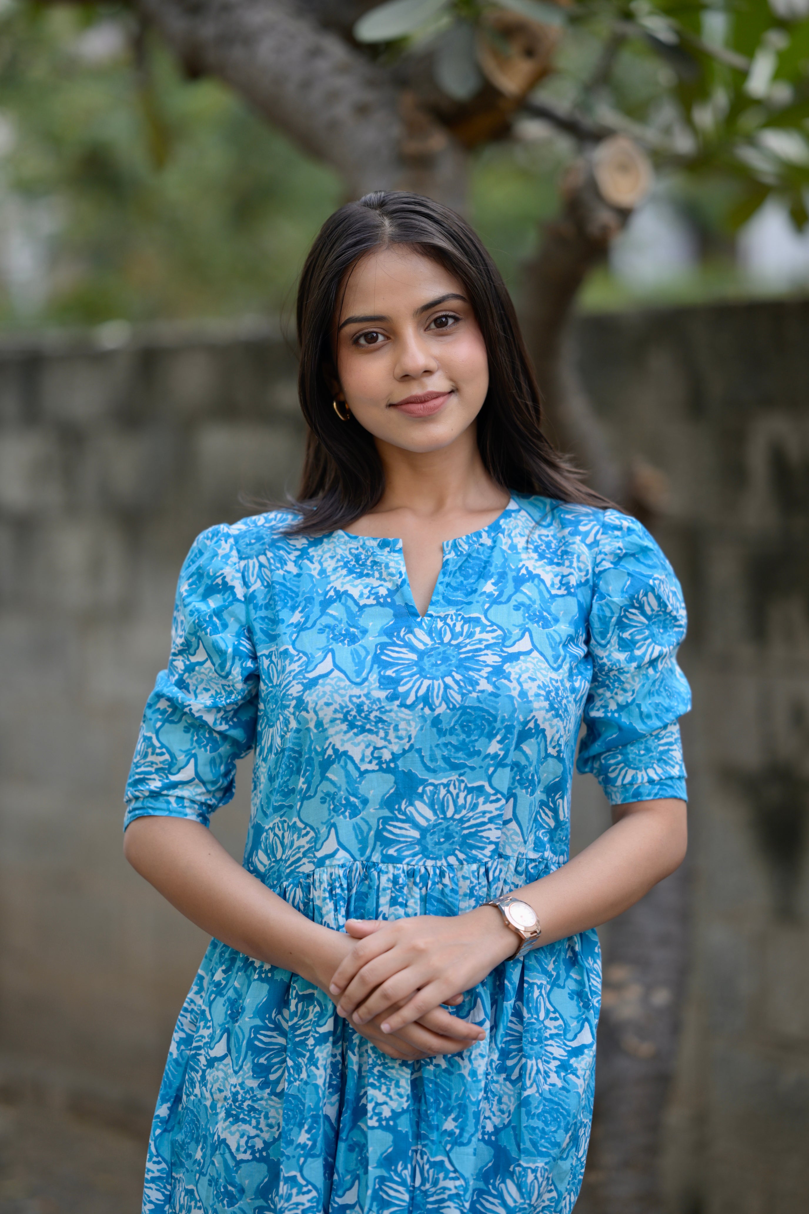 Dress 31- Floral puff sleeve cotton dress in blue