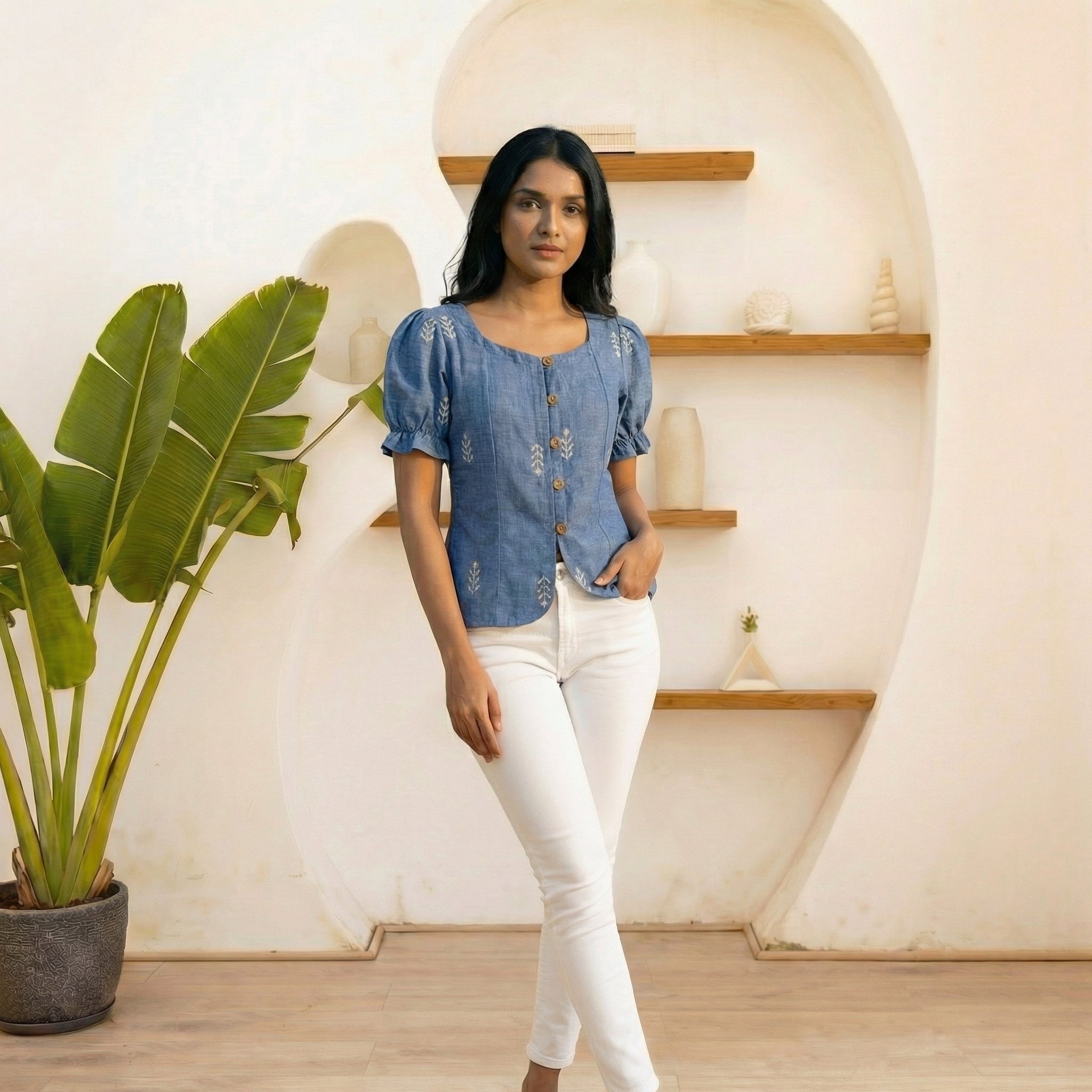 Crop top #72- handloom puff hand organic cotton top in denim blue