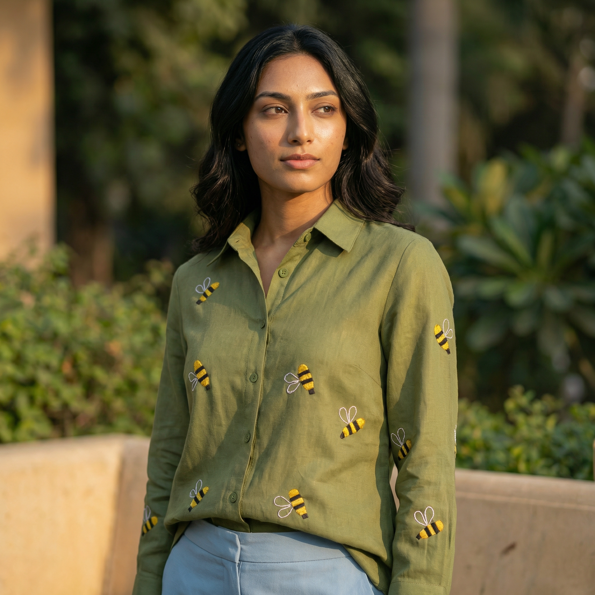 Embroidery shirt 4-Cute bee hand embroidered organic cotton shirt in olive green