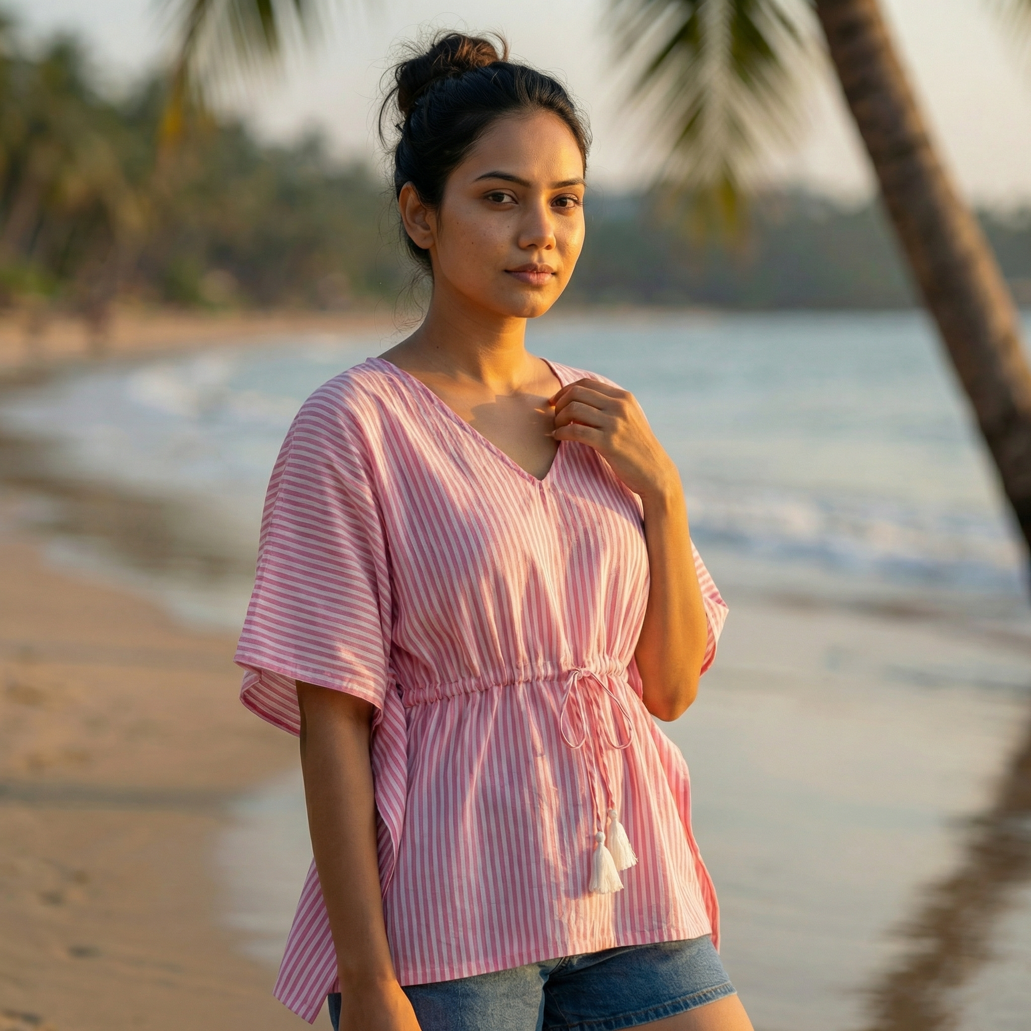 Kaftan Top #32- Stripes printed organic cotton kaftan top in baby pink