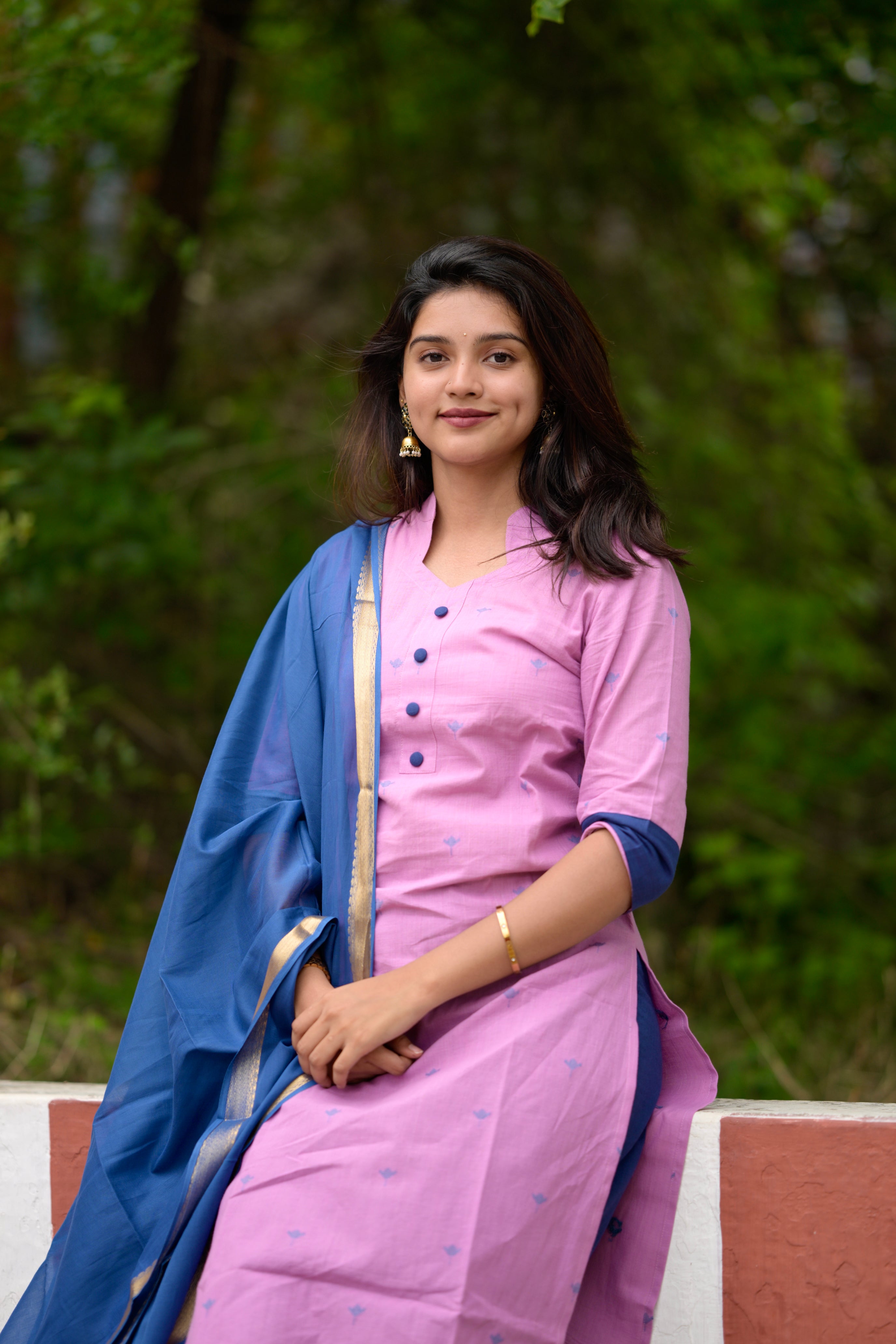 Nithya (pink) -  handloom cotton suit set in pink and blue with kota silk dupatta