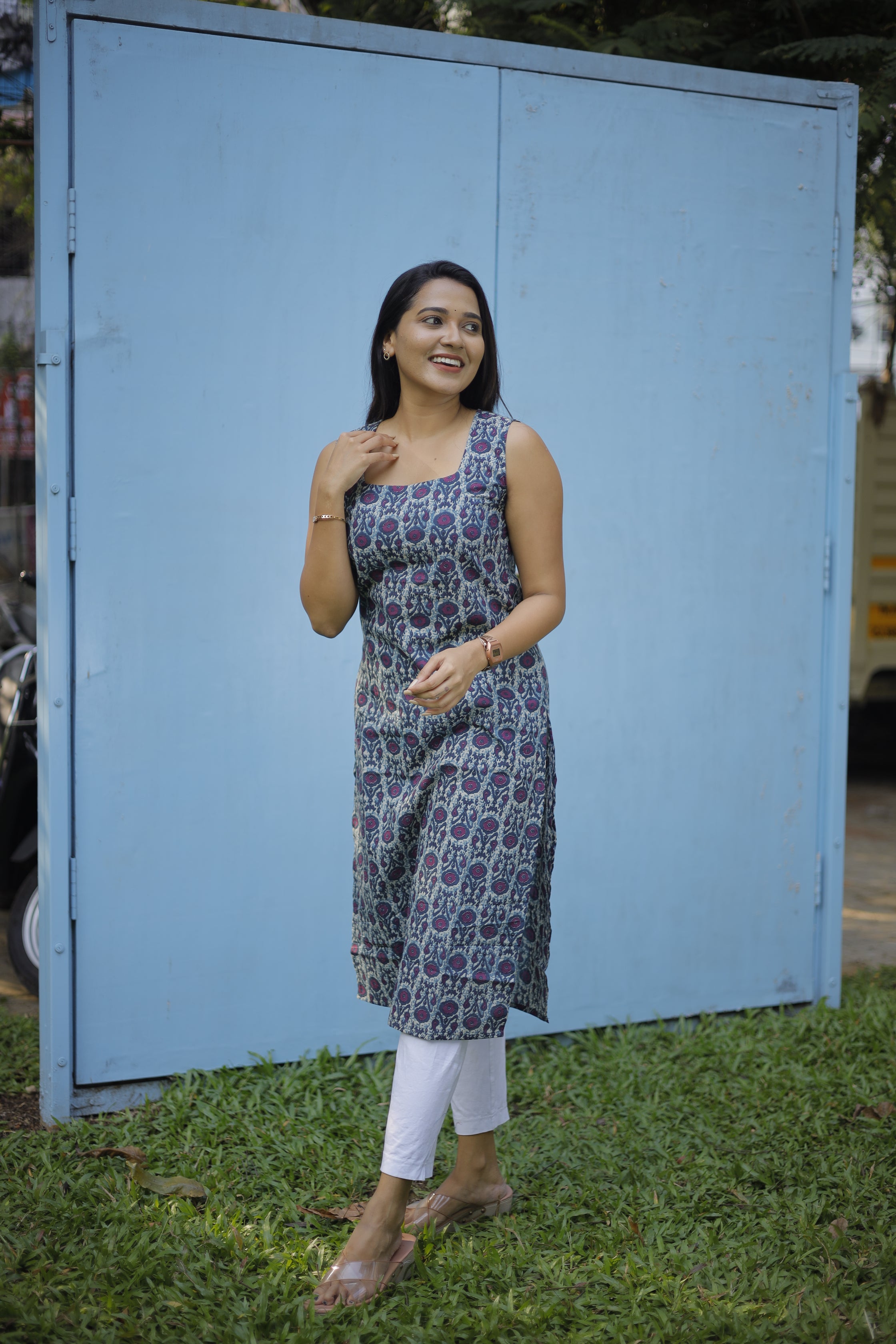 Kurti -108 floral hand block printed cotton kurti in blue