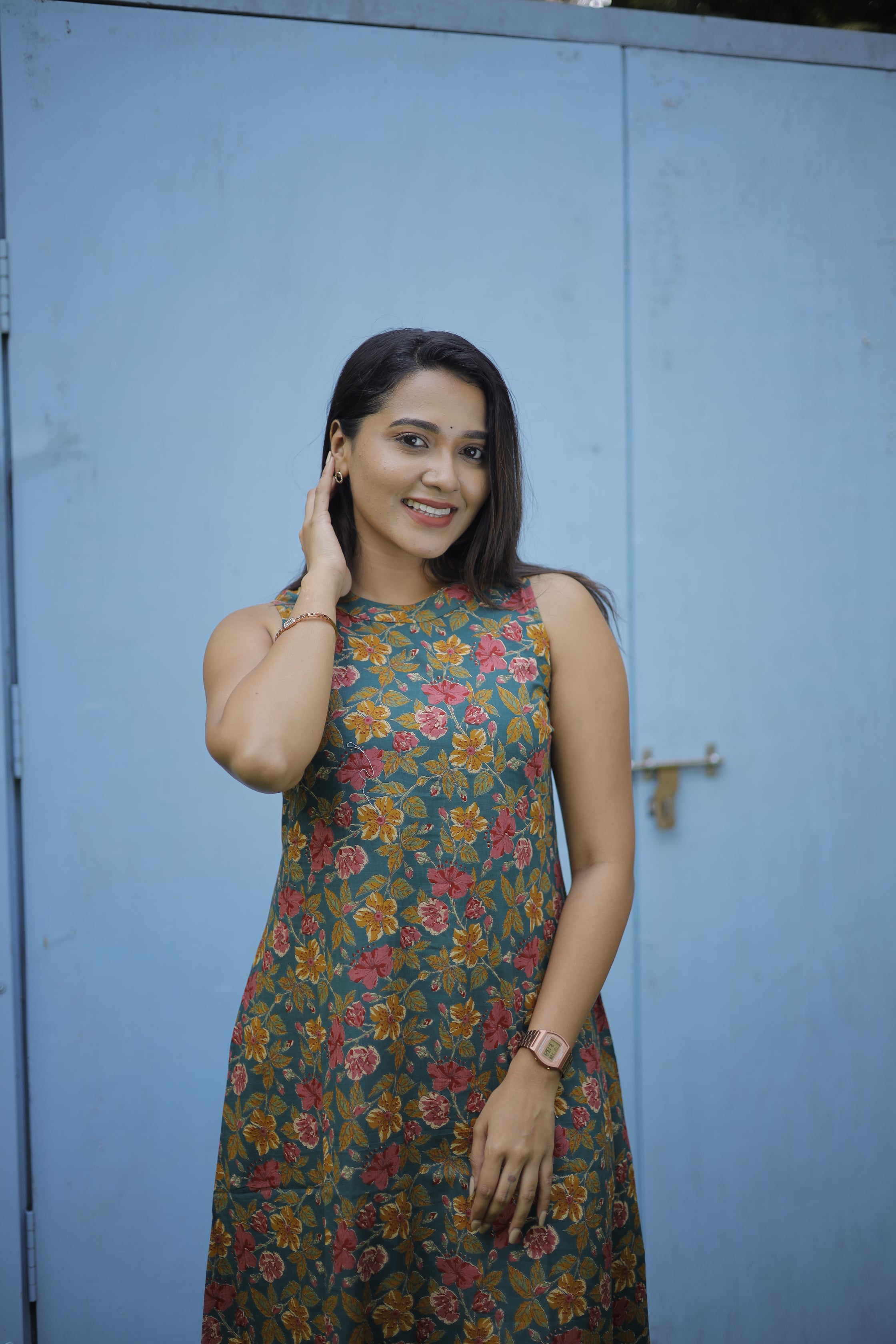 Kurti - 109 - multi colour floral hand block printed cotton kurti